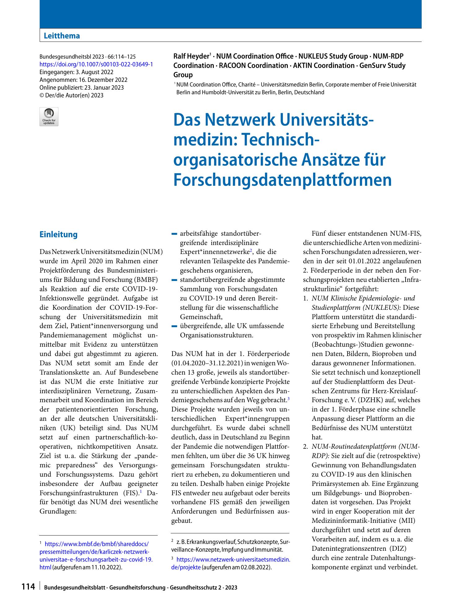 Vorschauseite 1: Das Netzwerk Universitätsmedizin: Technisch-organisatorische Ansätze für Forschungsdatenplattformen