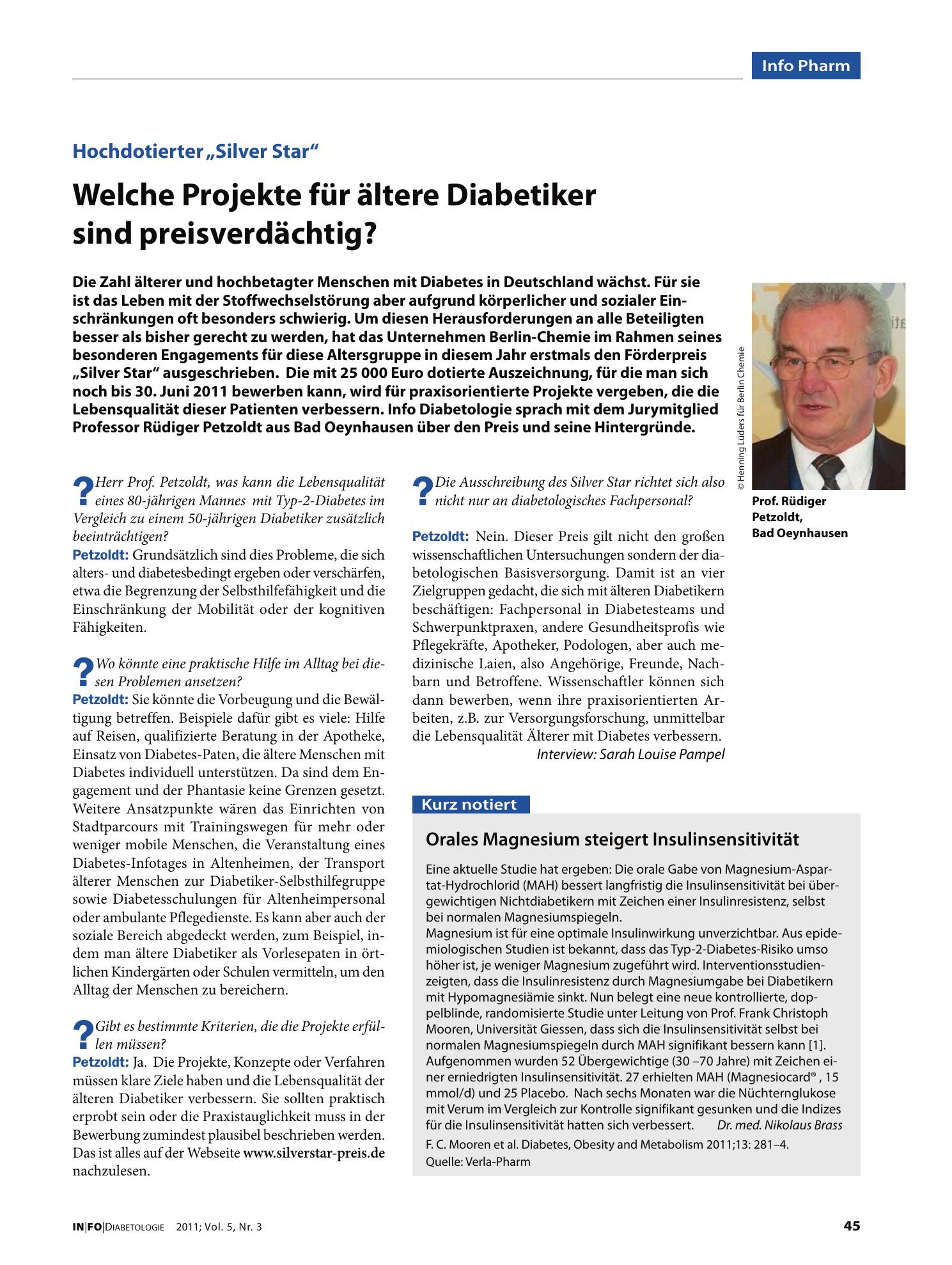 Vorschauseite 1: Welche Projekte für ältere Diabetiker sind preisverdächtig?