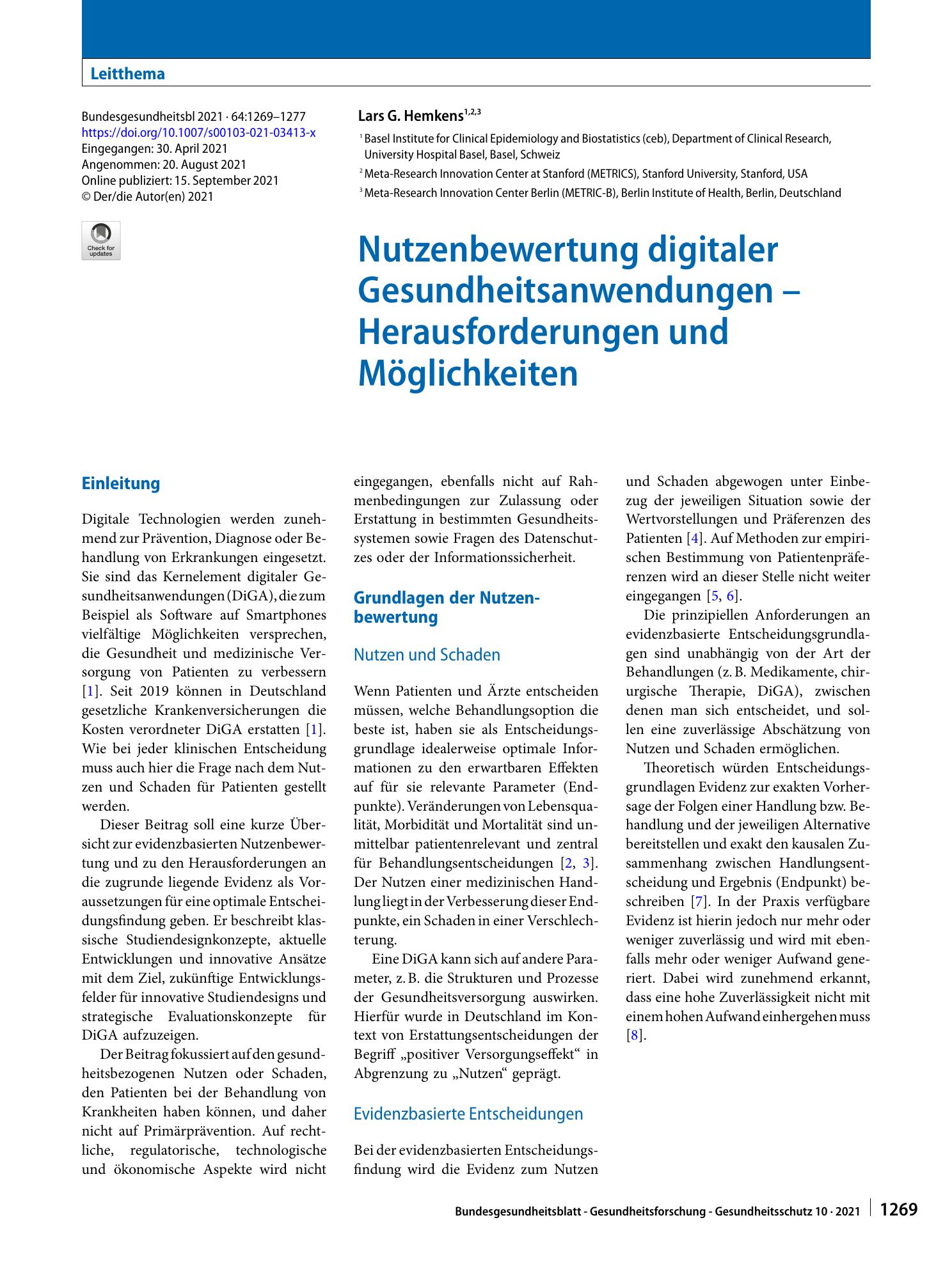 Vorschauseite 1: Nutzenbewertung digitaler Gesundheitsanwendungen – Herausforderungen und Möglichkeiten