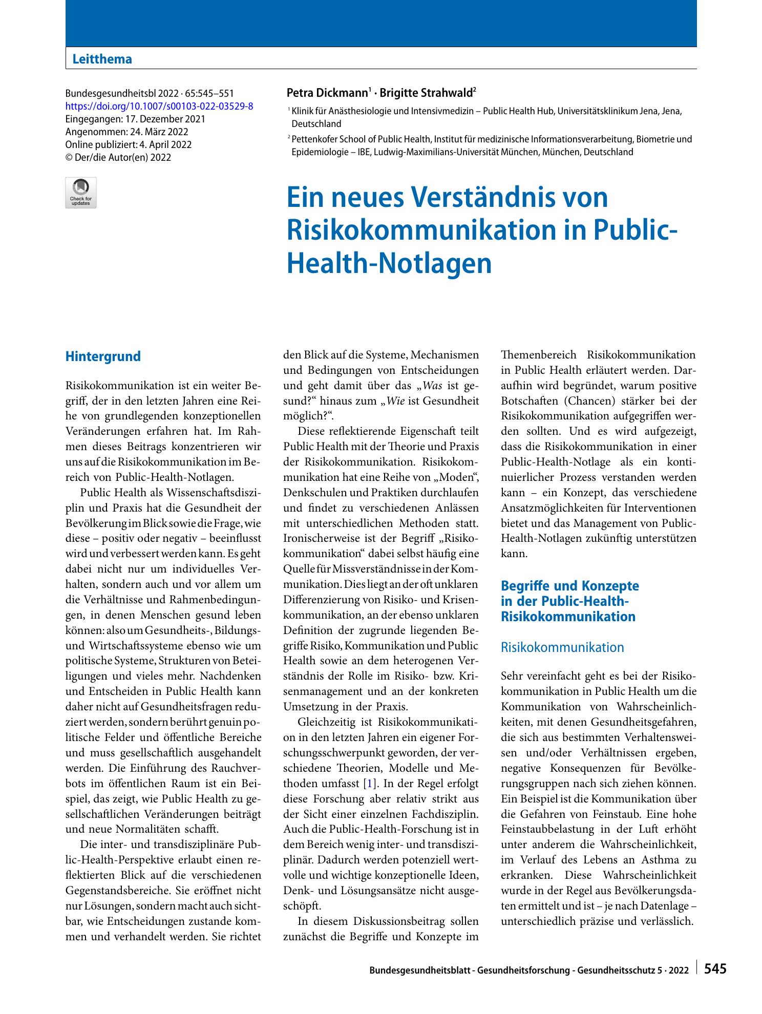 Vorschauseite 1: Ein neues Verständnis von Risikokommunikation in Public-Health-Notlagen