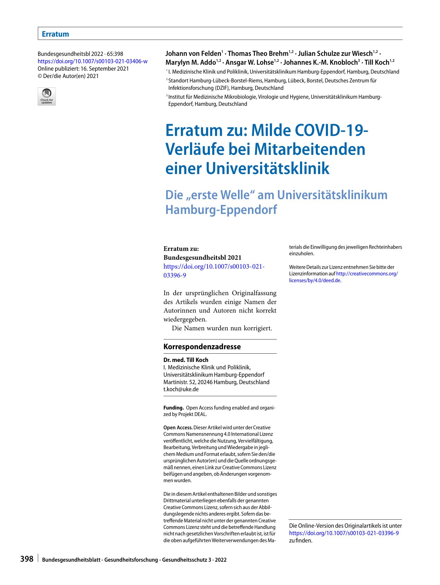 Vorschauseite 1: Erratum zu: Milde COVID-19-Verläufe bei Mitarbeitenden einer Universitätsklinik