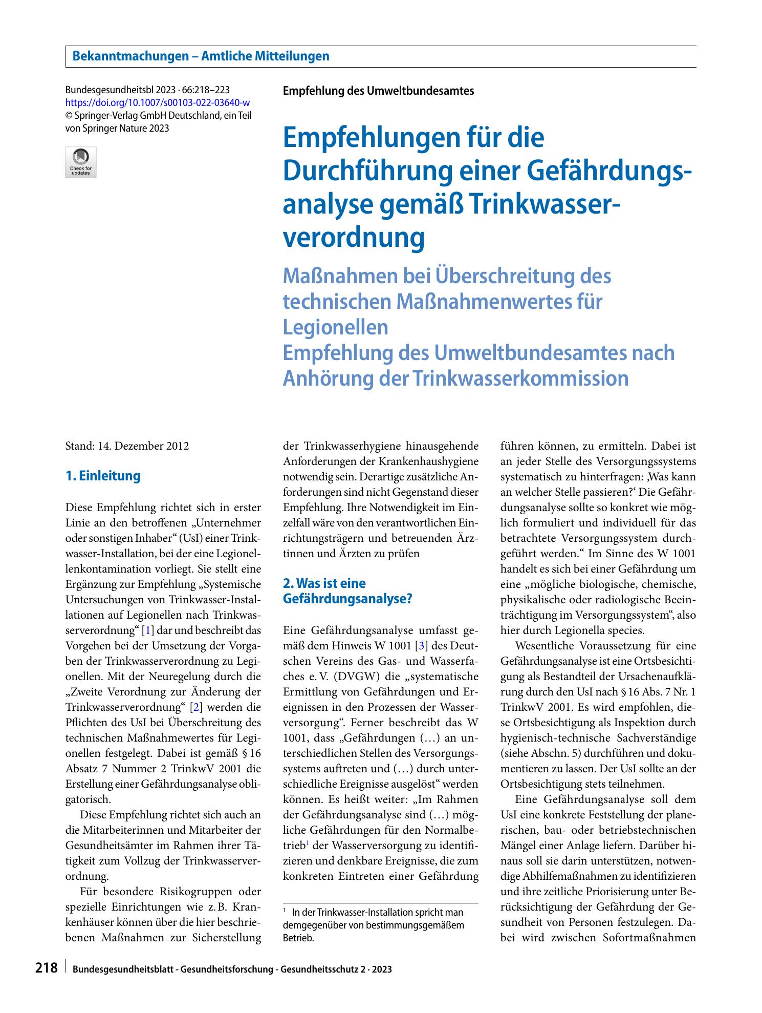 Vorschauseite 1: Empfehlungen für die Durchführung einer Gefährdungsanalyse gemäß Trinkwasserverordnung
