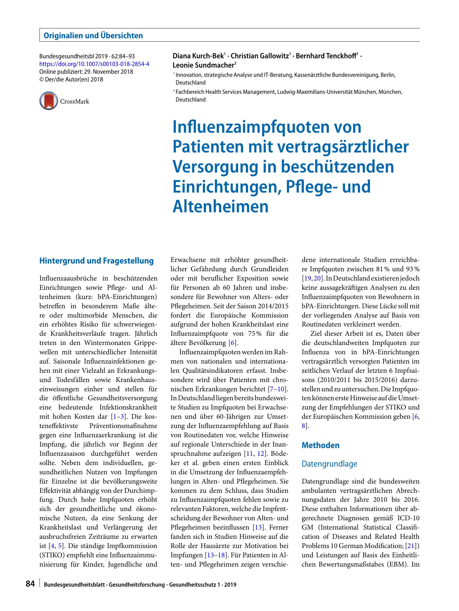 Vorschauseite 1: Influenzaimpfquoten von Patienten mit vertragsärztlicher Versorgung in beschützenden Einrichtungen, Pflege- und Altenheimen