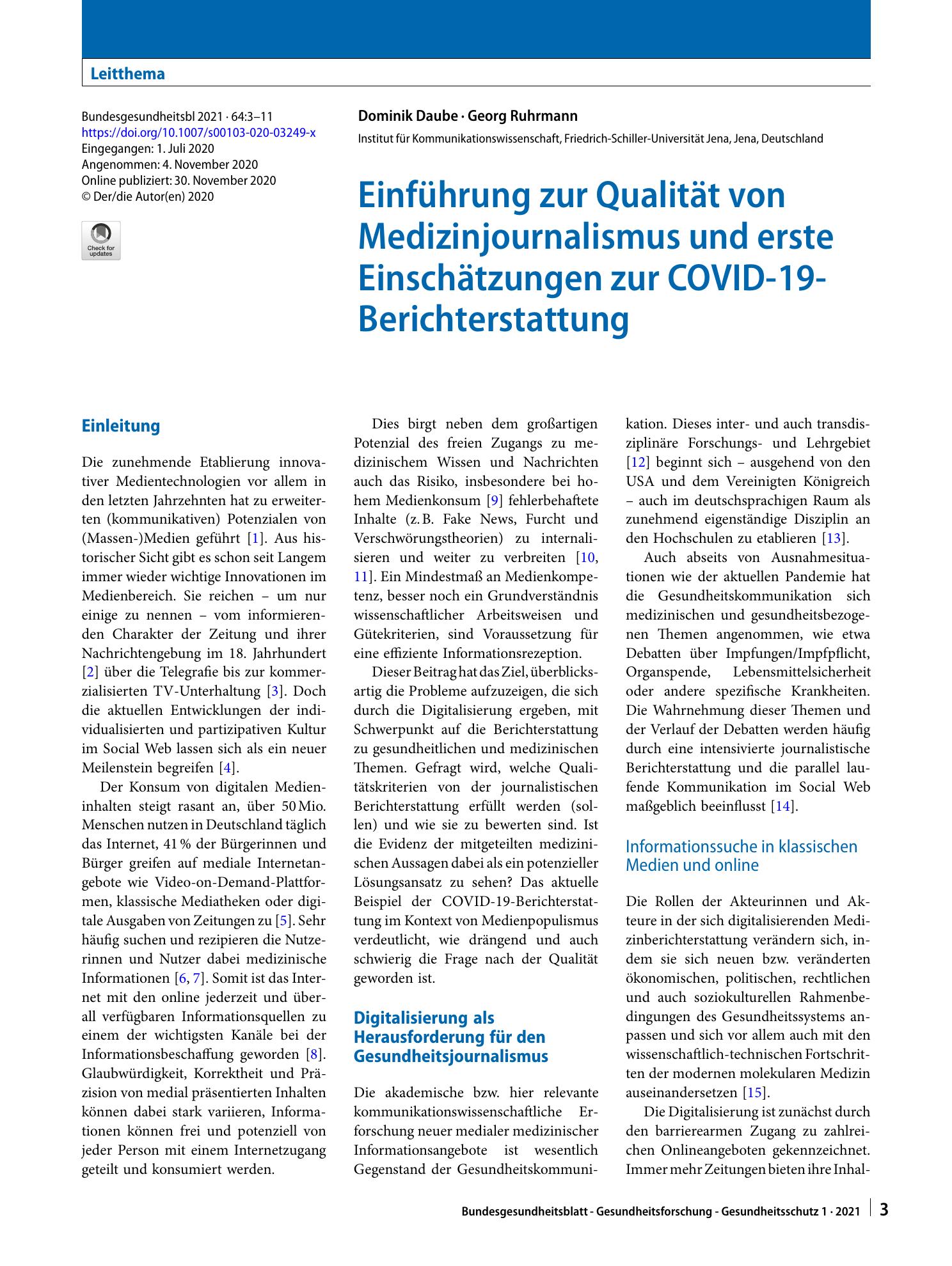 Vorschauseite 1: Einführung zur Qualität von Medizinjournalismus und erste Einschätzungen zur COVID-19-Berichterstattung