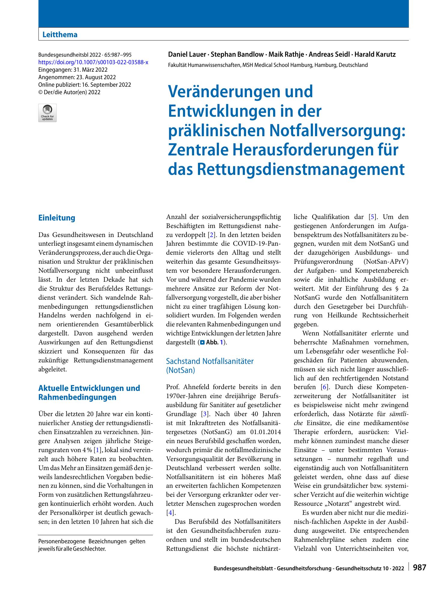 Vorschauseite 1: Veränderungen und Entwicklungen in der präklinischen Notfallversorgung: Zentrale Herausforderungen für das Rettungsdienstmanagement