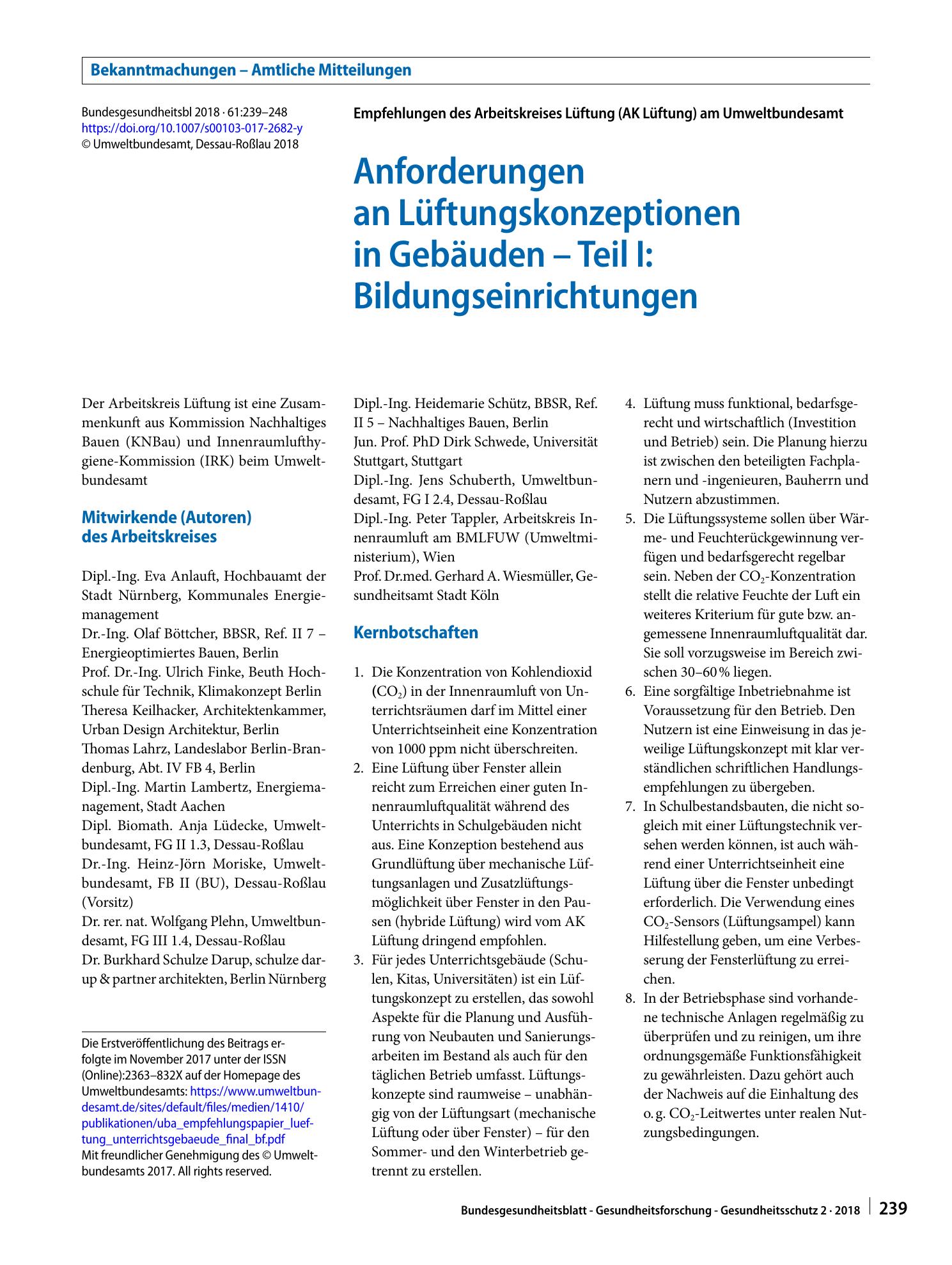 Vorschauseite 1: Anforderungen an Lüftungskonzeptionen in Gebäuden – Teil I: Bildungseinrichtungen