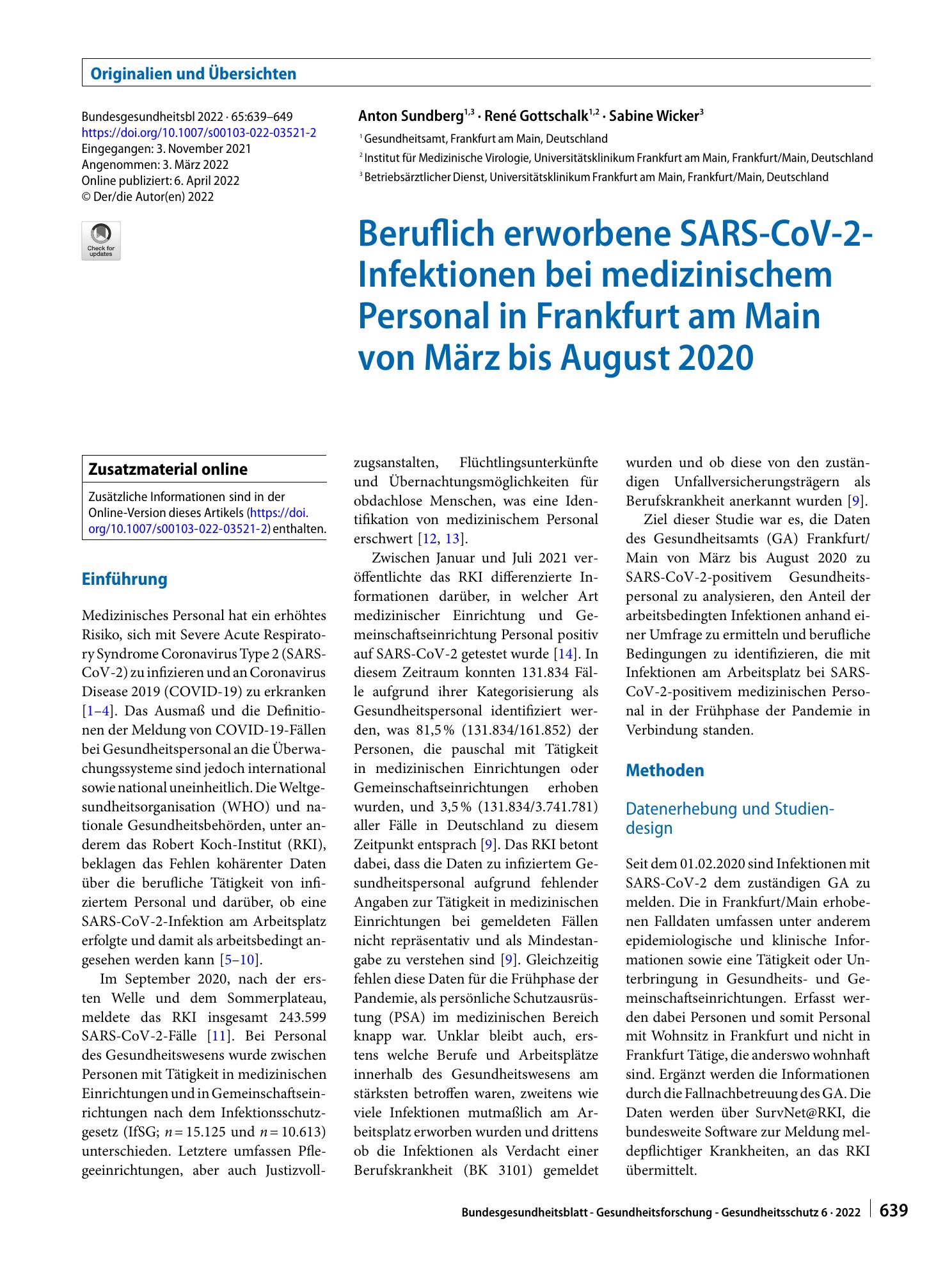 Vorschauseite 1: Beruflich erworbene SARS-CoV-2-Infektionen bei medizinischem Personal in Frankfurt am Main von März bis August 2020