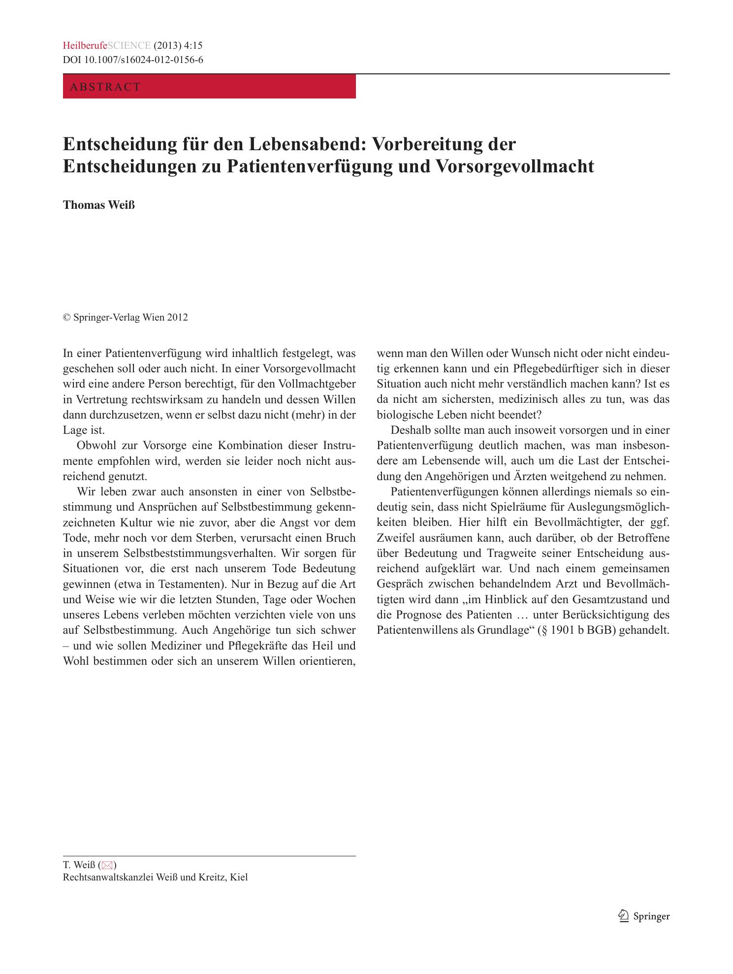 Vorschauseite 1: Entscheidung für den Lebensabend: Vorbereitung der Entscheidungen zu Patientenverfügung und Vorsorgevollmacht