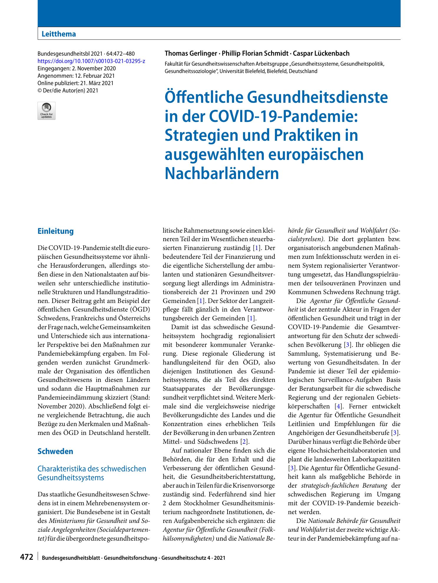 Vorschauseite 1: Öffentliche Gesundheitsdienste in der COVID-19-Pandemie: Strategien und Praktiken in ausgewählten europäischen Nachbarländern