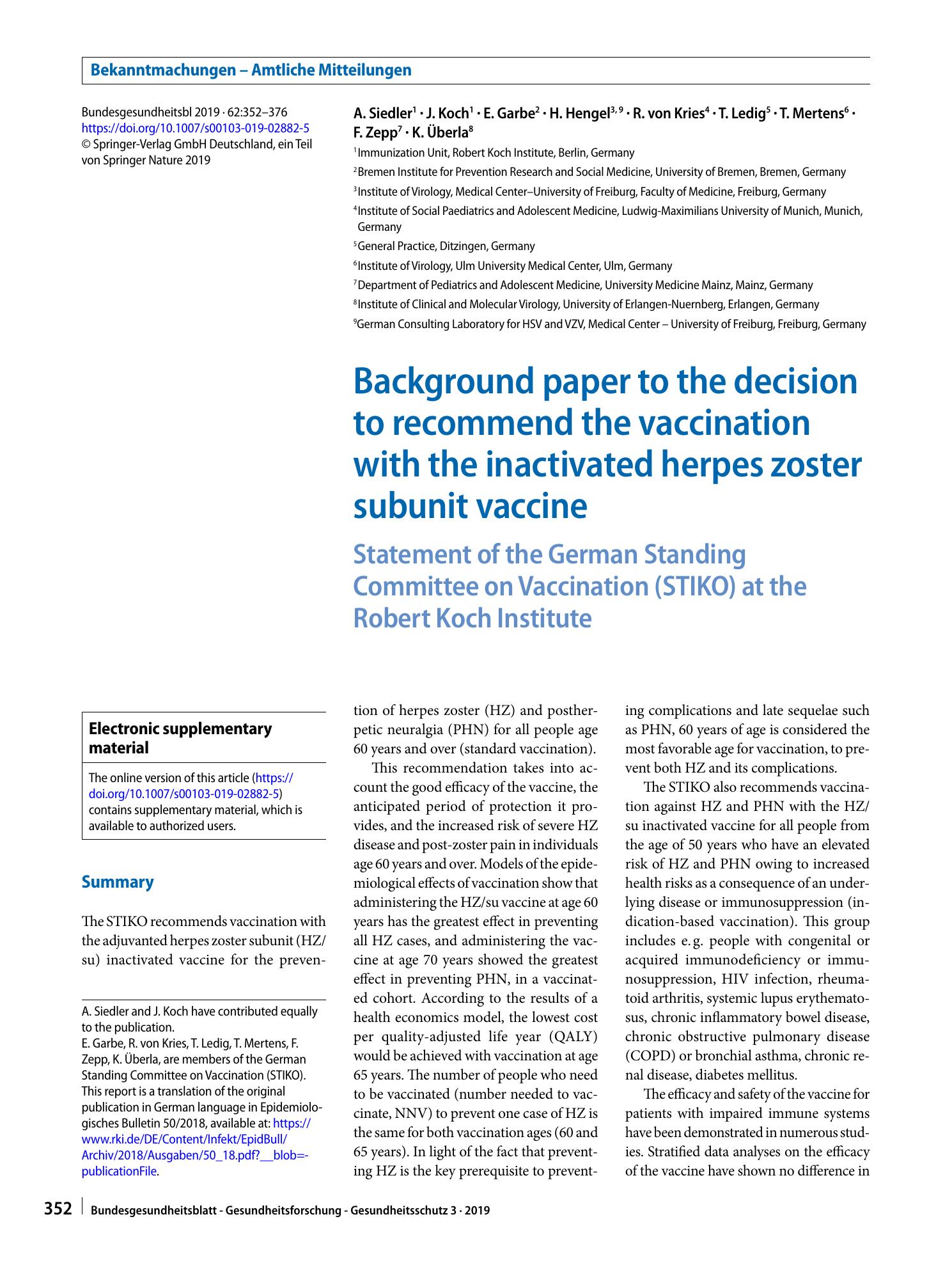 Vorschauseite 1: Background paper to the decision to recommend the vaccination with the inactivated herpes zoster subunit vaccine