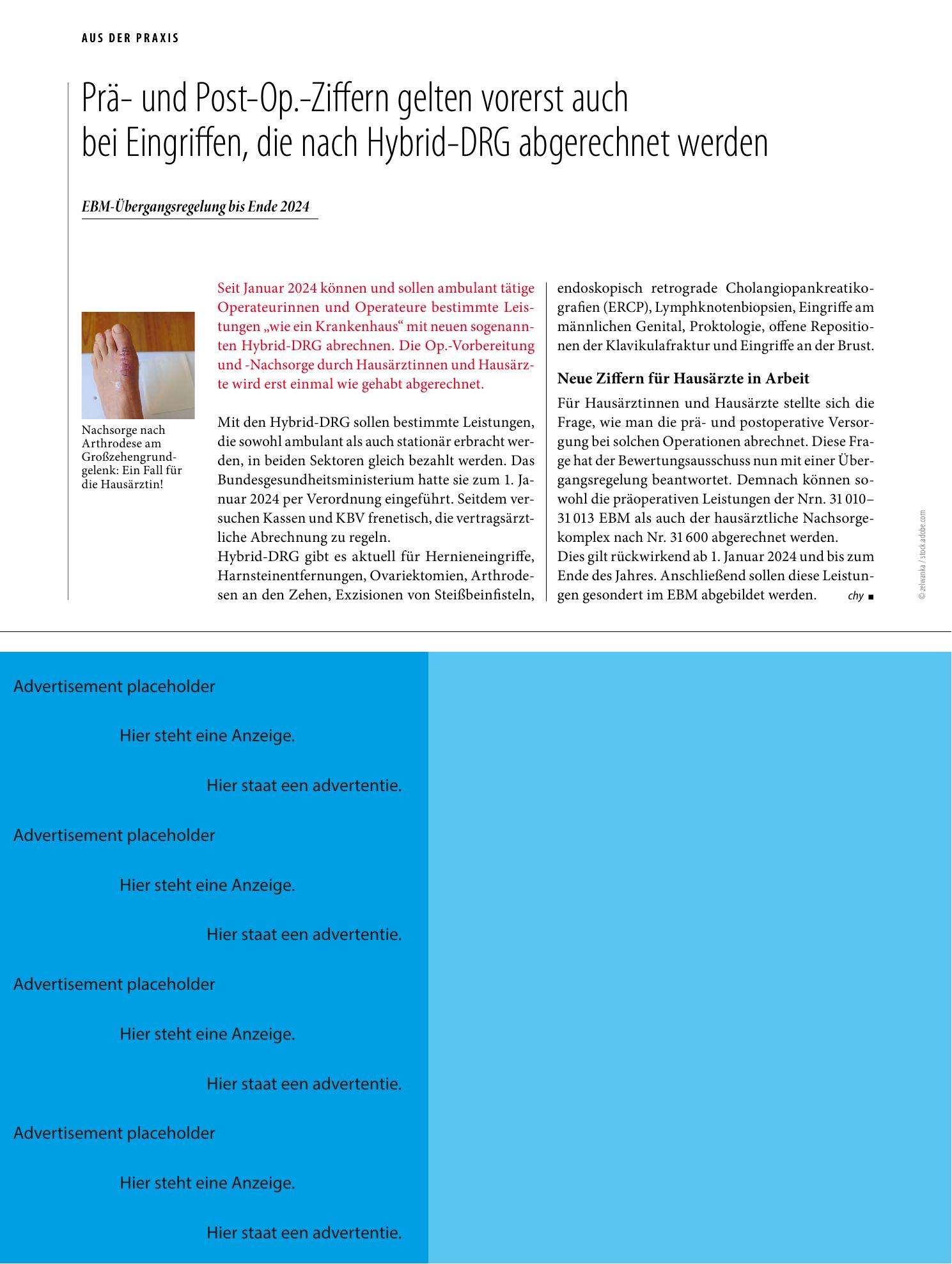 Vorschauseite 1: Prä- und Post-Op.-Ziffern gelten vorerst auch bei Eingriffen, die nach Hybrid-DRG abgerechnet werden
