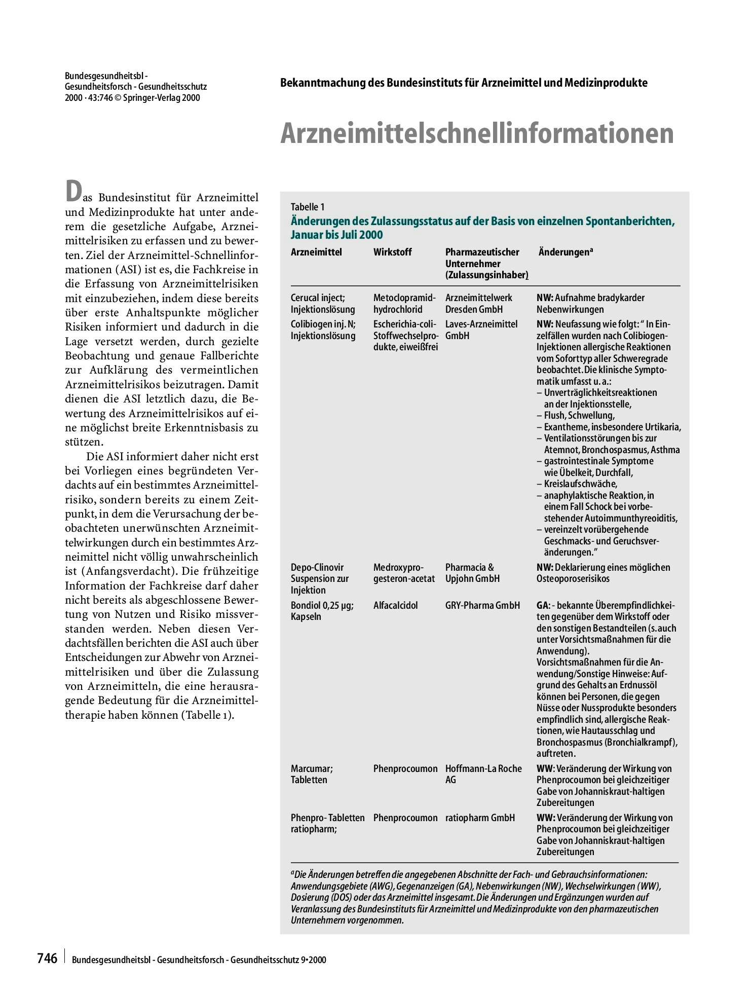Vorschauseite 1: Bekanntmachung des Bundesinstituts für Arzneimittel und Medizinprodukte¶Arzneimittelschnellinformationen