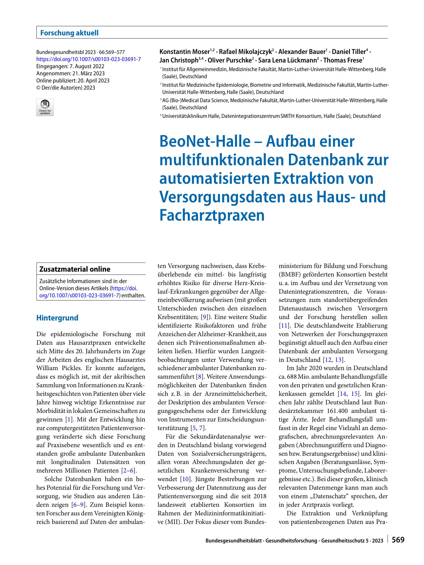 Vorschauseite 1: BeoNet-Halle – Aufbau einer multifunktionalen Datenbank zur automatisierten Extraktion von Versorgungsdaten aus Haus- und Facharztpraxen