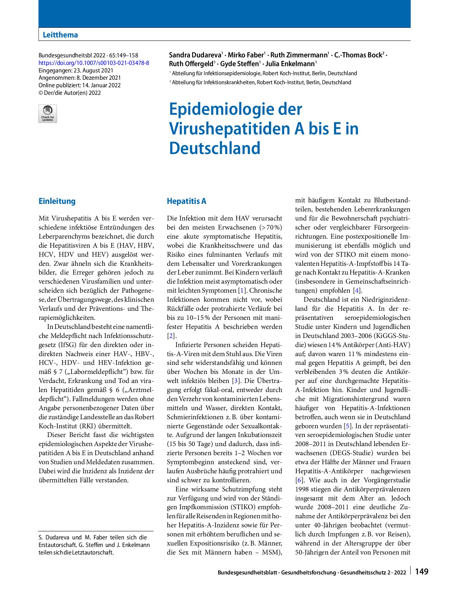 Vorschauseite 1: Epidemiologie der Virushepatitiden A bis E in Deutschland