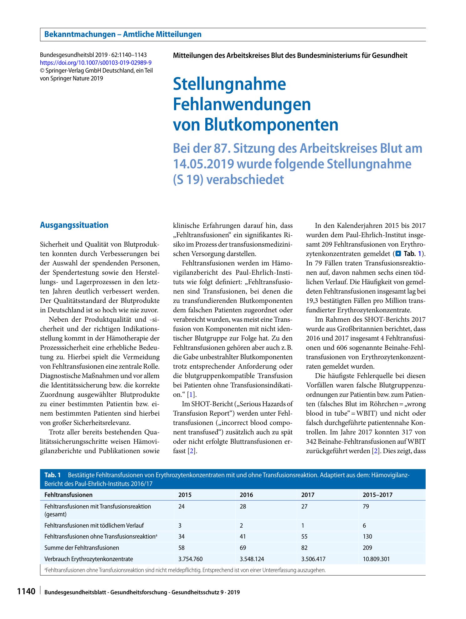 Vorschauseite 1: Stellungnahme Fehlanwendungen von Blutkomponenten