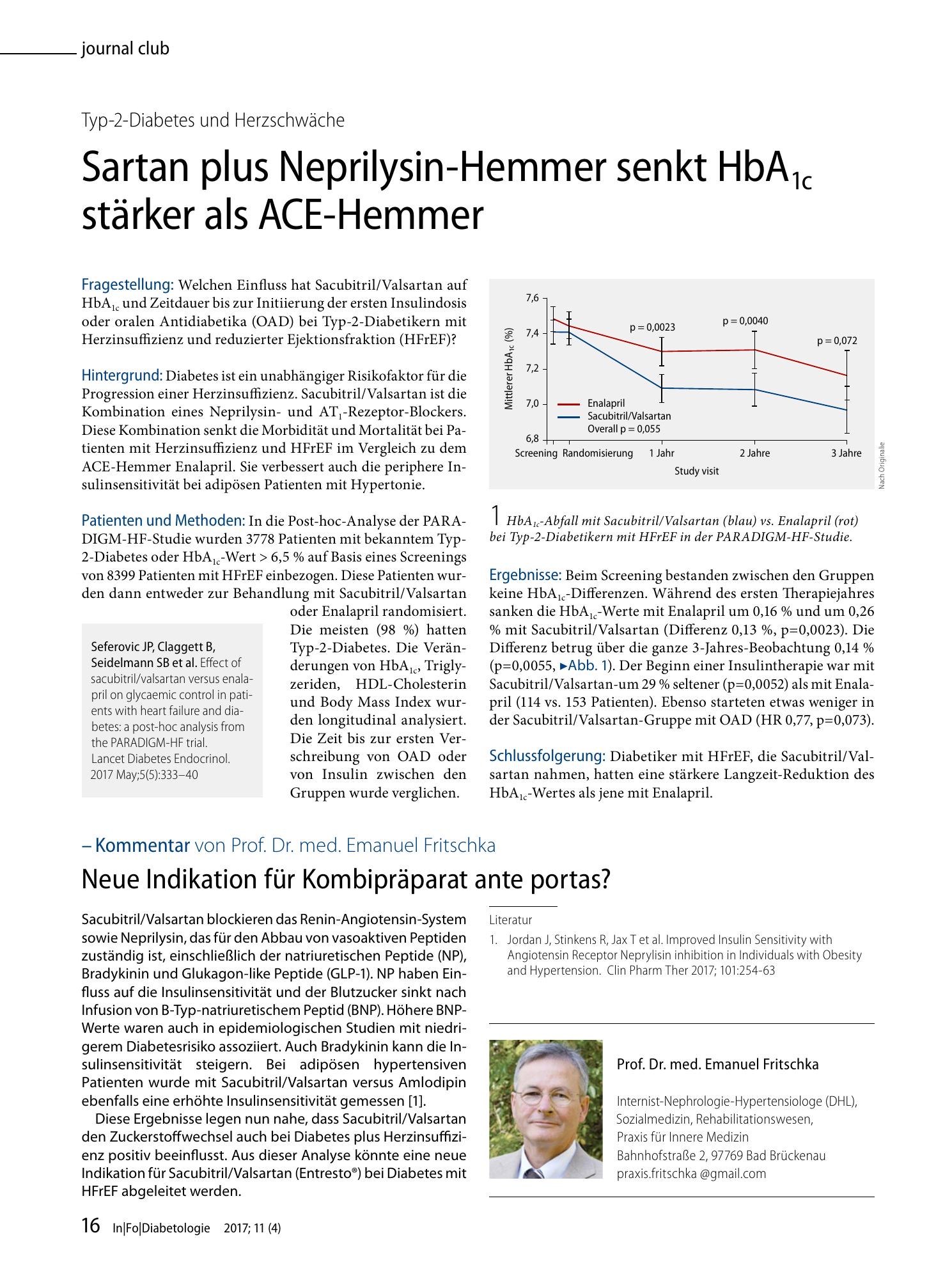 Vorschauseite 1: Sartan plus Neprilysin-Hemmer senkt HbA1c stärker als ACE-Hemmer