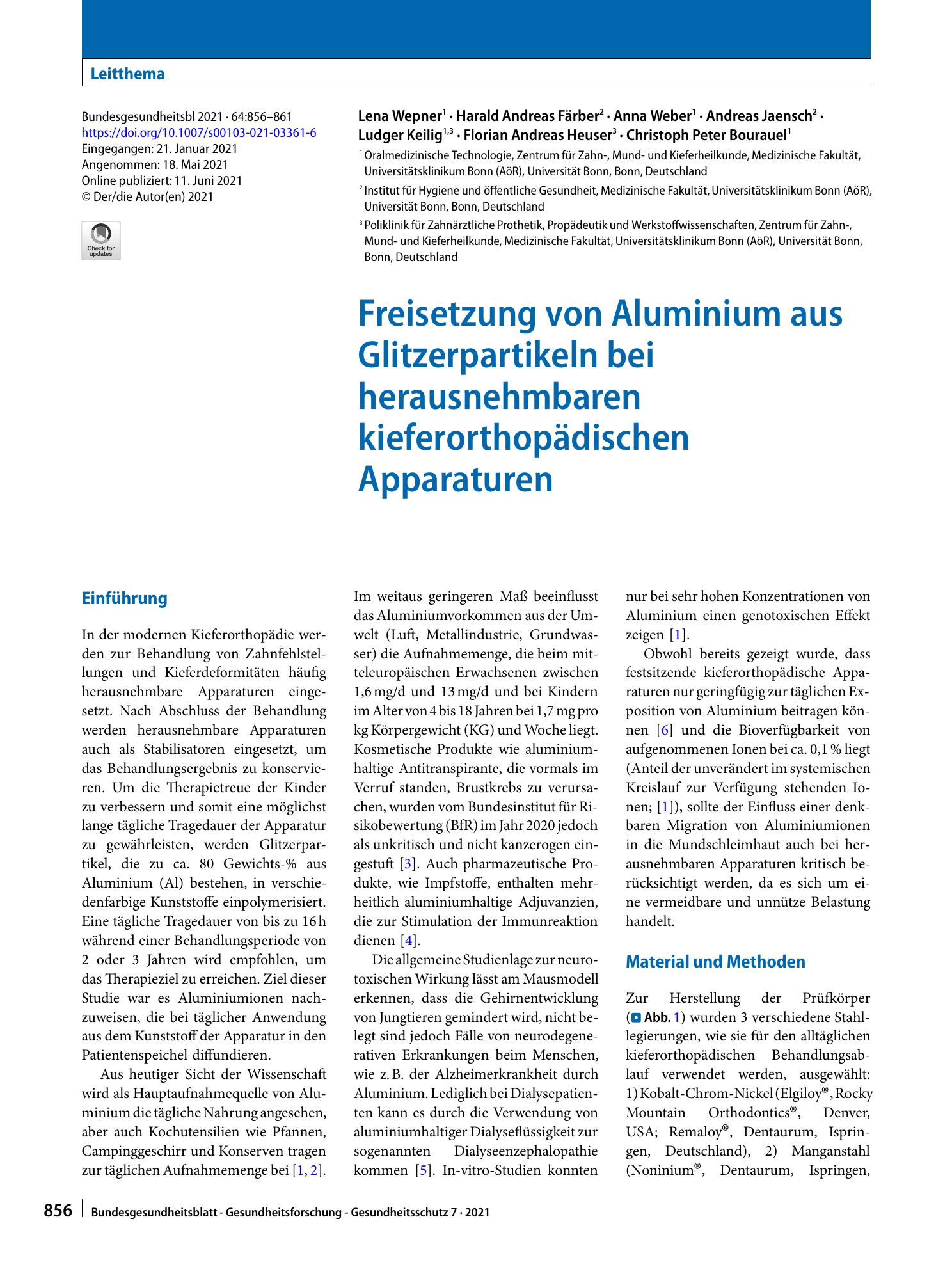 Vorschauseite 1: Freisetzung von Aluminium aus Glitzerpartikeln bei herausnehmbaren kieferorthopädischen Apparaturen