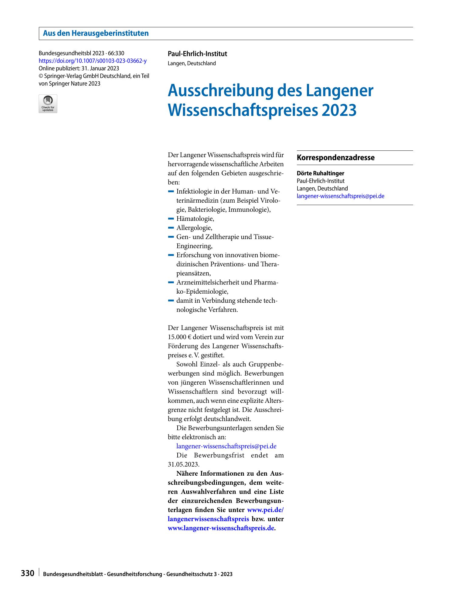 Vorschauseite 1: Ausschreibung des Langener Wissenschaftspreises 2023
