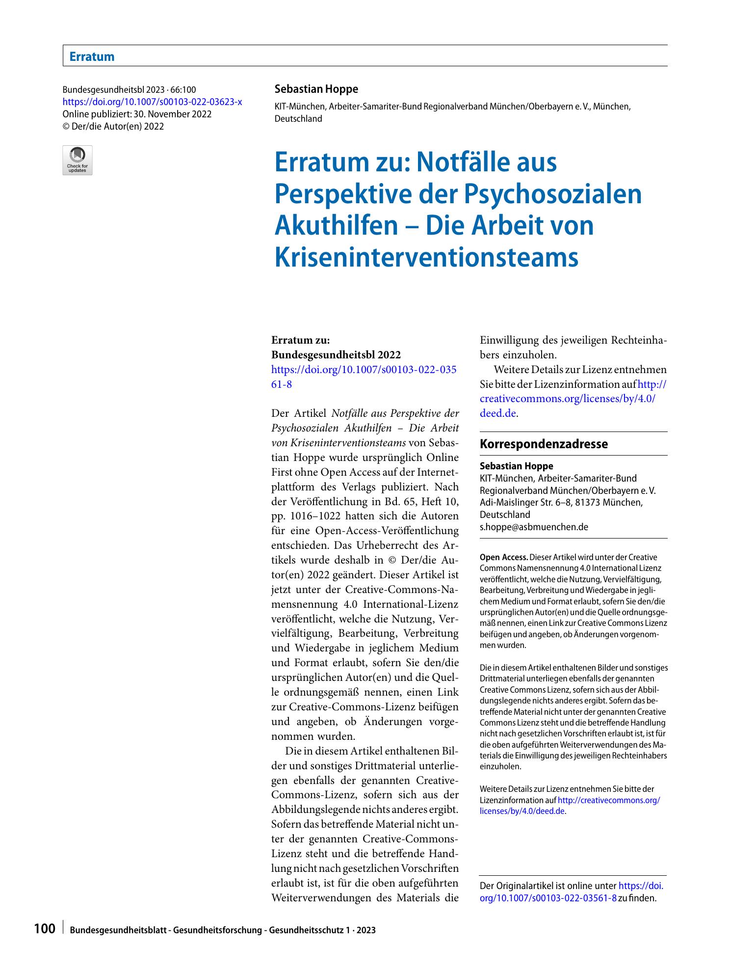 Vorschauseite 1: Erratum zu: Notfälle aus Perspektive der Psychosozialen Akuthilfen – Die Arbeit von Kriseninterventionsteams