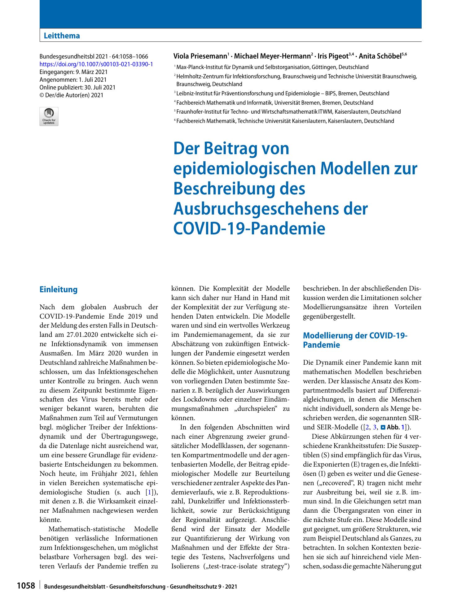 Vorschauseite 1: Der Beitrag von epidemiologischen Modellen zur Beschreibung des Ausbruchsgeschehens der COVID-19-Pandemie