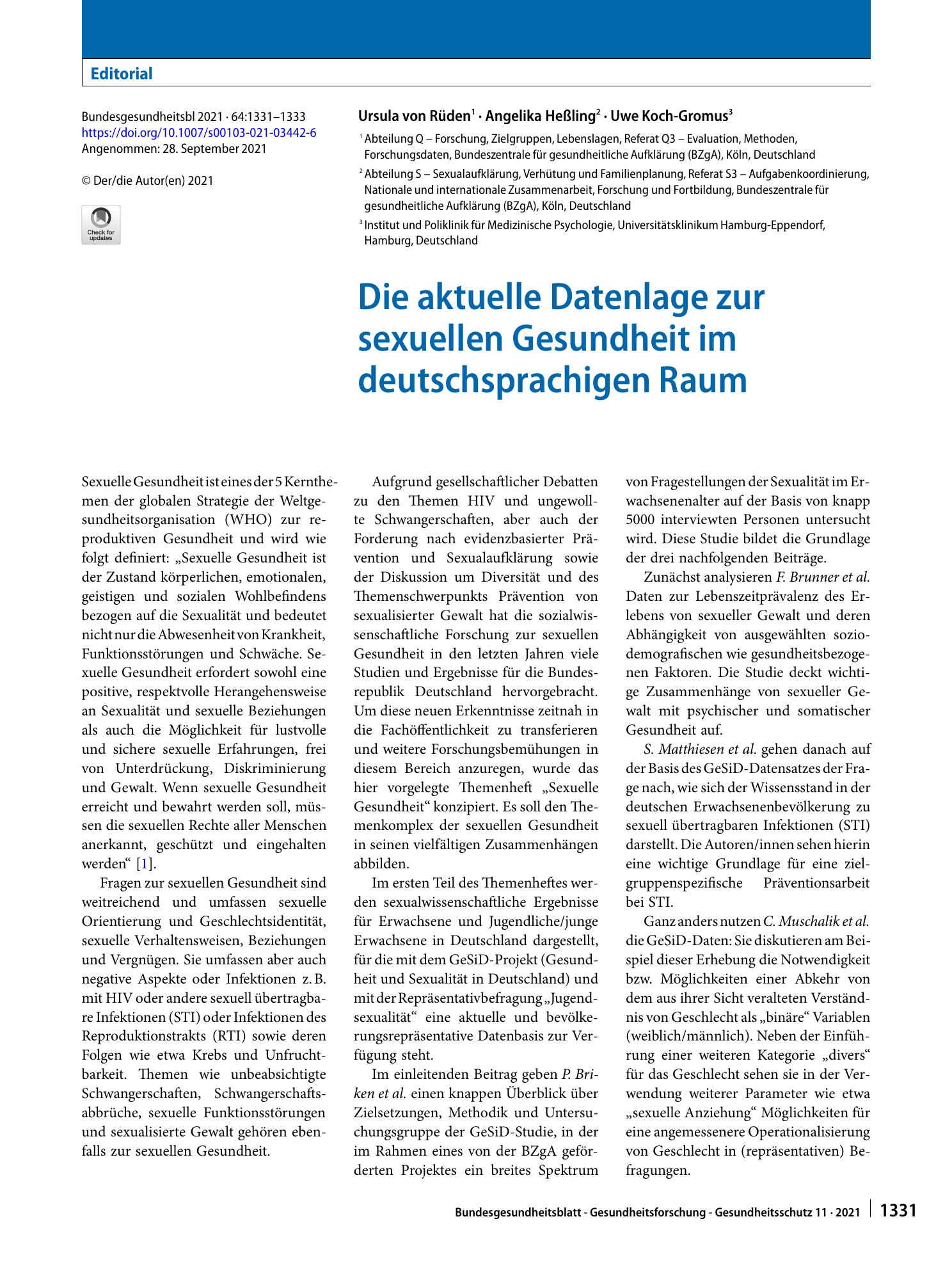 Vorschauseite 1: Die aktuelle Datenlage zur sexuellen Gesundheit im deutschsprachigen Raum