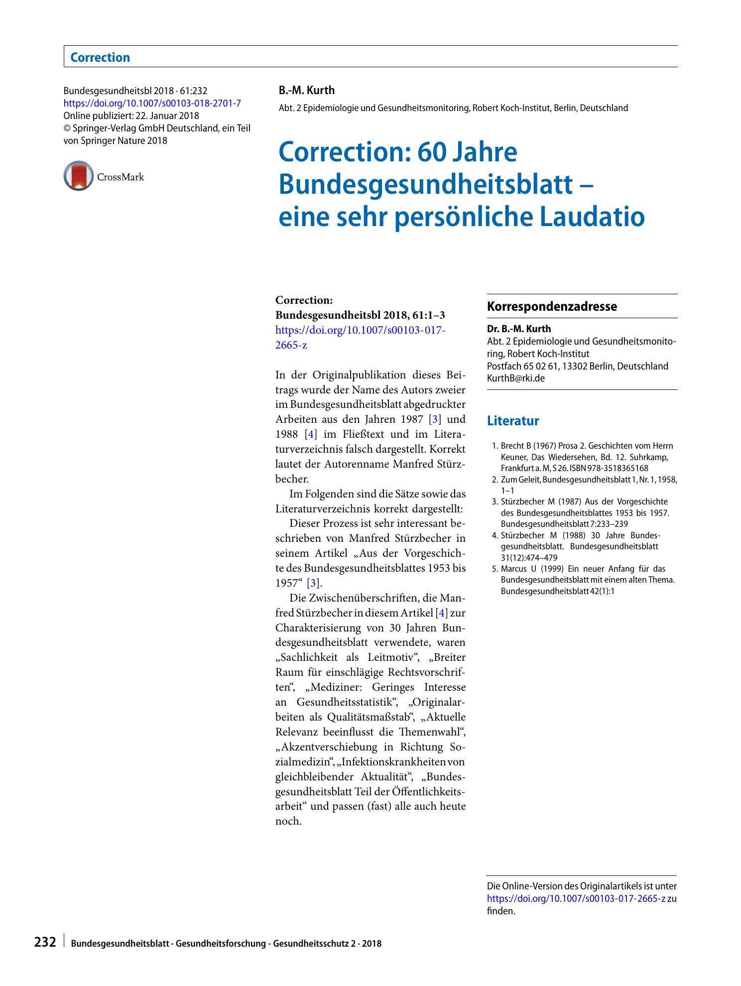 Vorschauseite 1: Correction: 60 Jahre Bundesgesundheitsblatt – eine sehr persönliche Laudatio