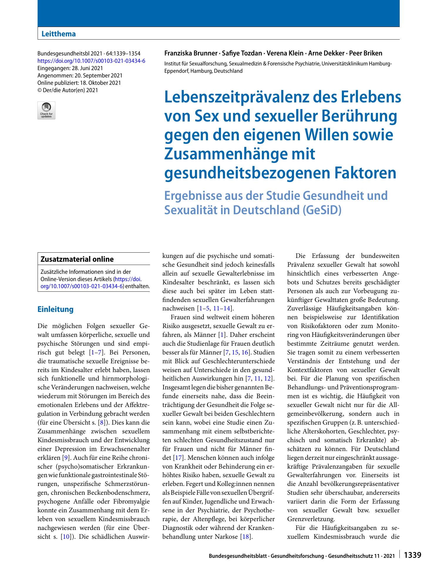 Vorschauseite 1: Lebenszeitprävalenz des Erlebens von Sex und sexueller Berührung gegen den eigenen Willen sowie Zusammenhänge mit gesundheitsbezogenen Faktoren