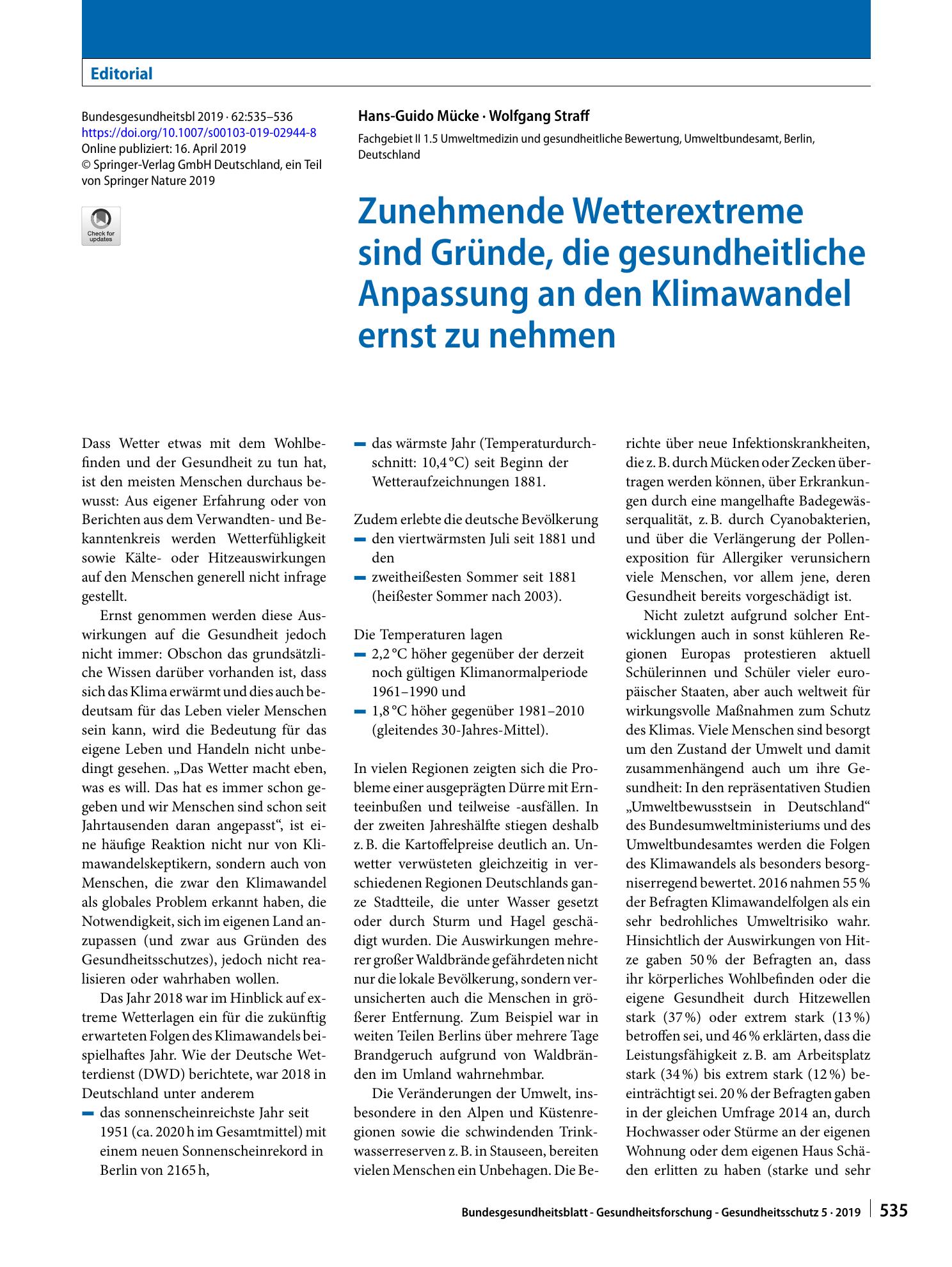 Vorschauseite 1: Zunehmende Wetterextreme sind Gründe, die gesundheitliche Anpassung an den Klimawandel ernst zu nehmen