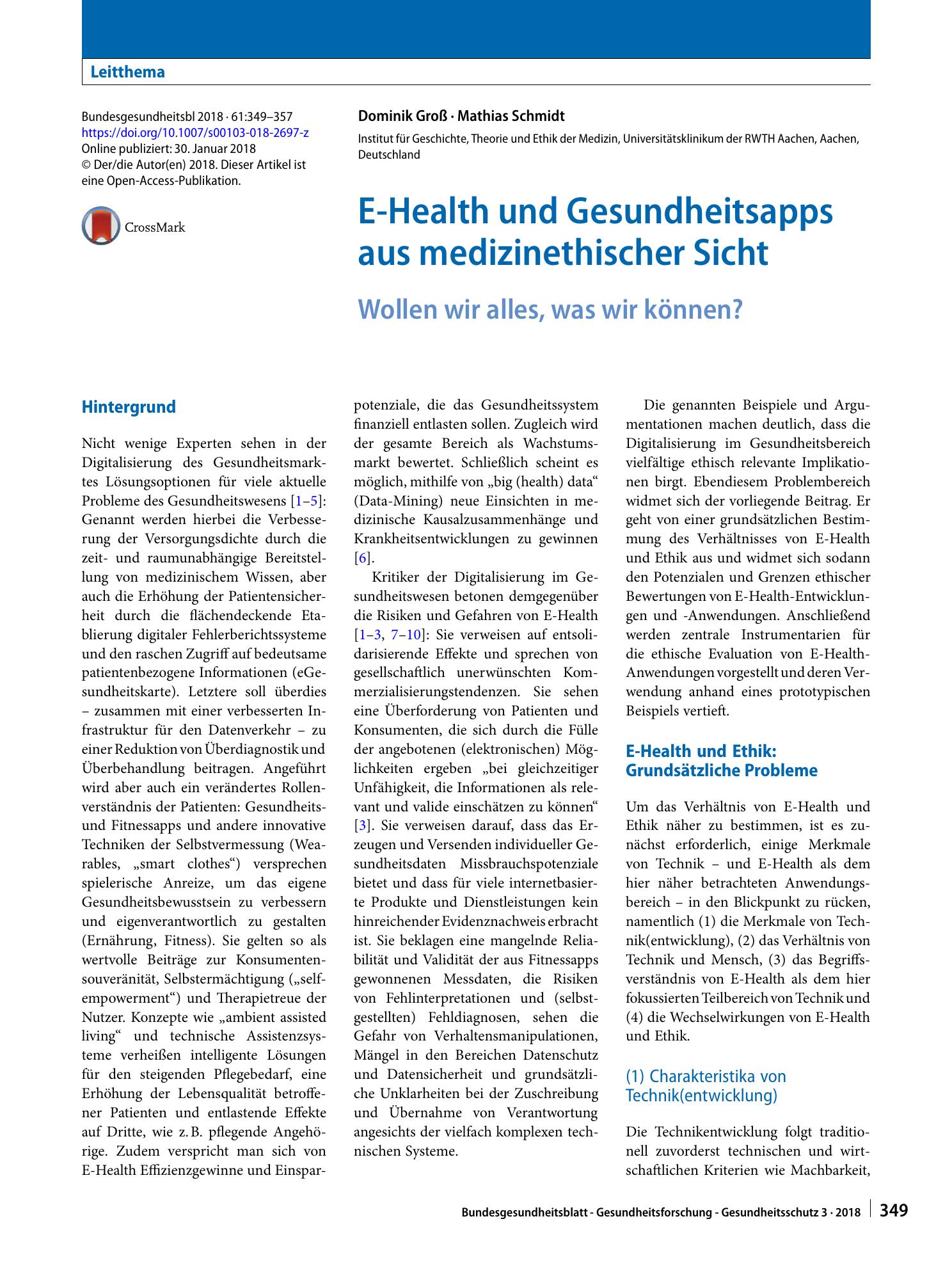 Vorschauseite 1: E-Health und Gesundheitsapps aus medizinethischer Sicht
