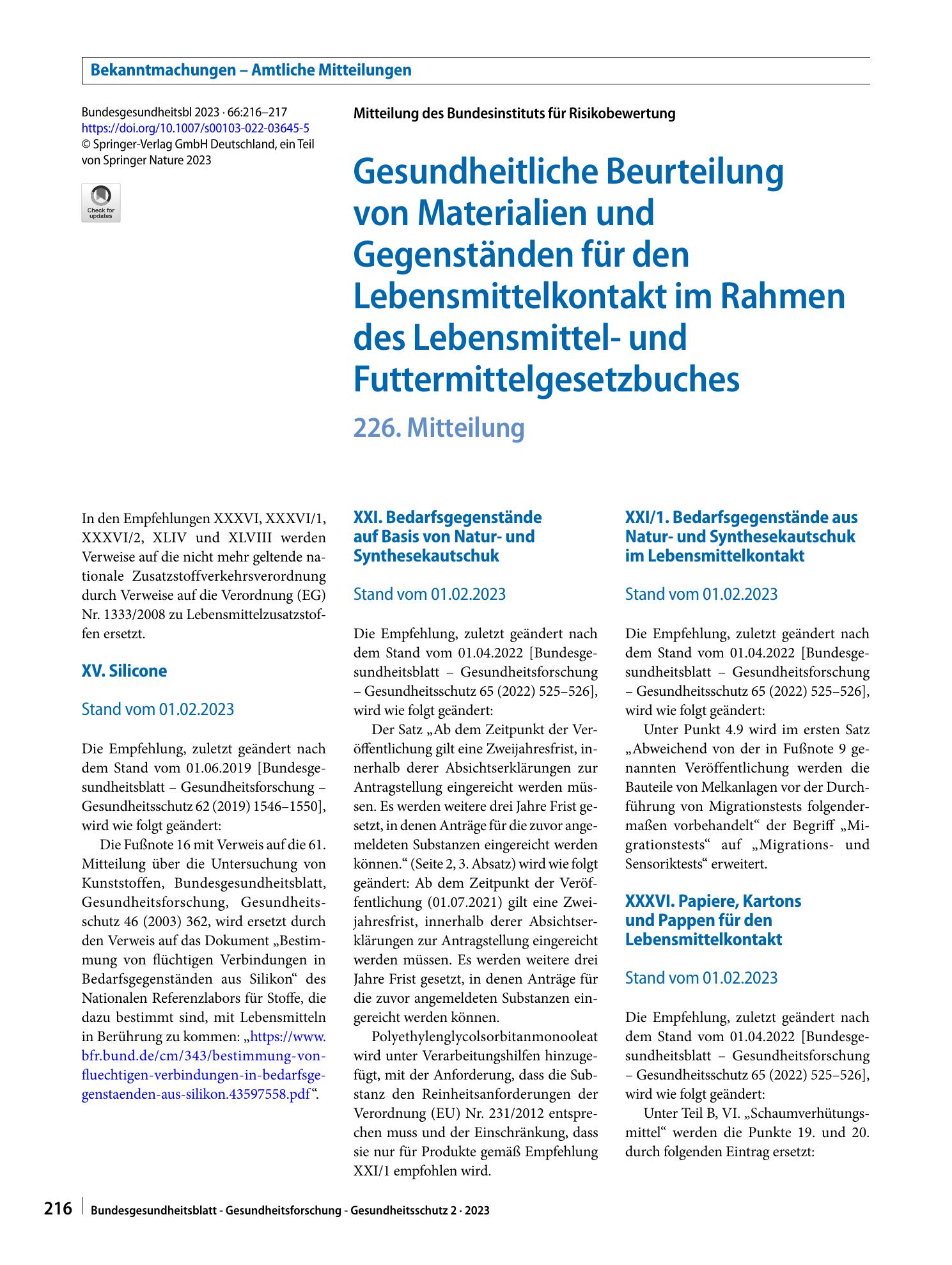 Vorschauseite 1: Gesundheitliche Beurteilung von Materialien und Gegenständen für den Lebensmittelkontakt im Rahmen des Lebensmittel- und Futtermittelgesetzbuches