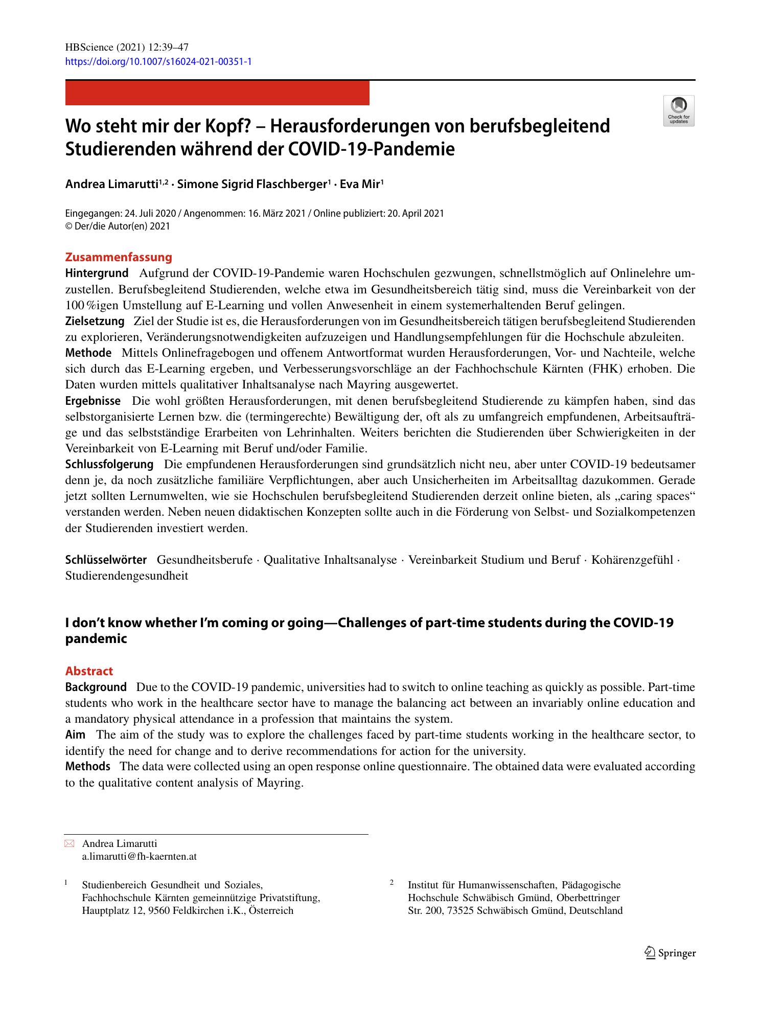 Vorschauseite 1: Wo steht mir der Kopf? – Herausforderungen von berufsbegleitend Studierenden während der COVID-19-Pandemie