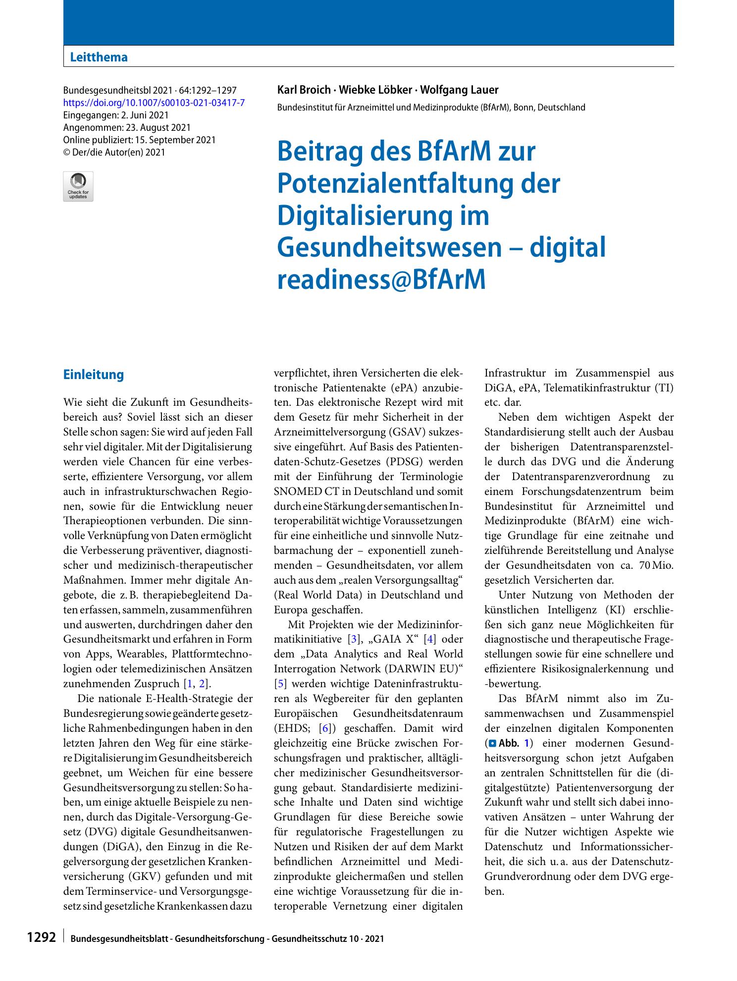 Vorschauseite 1: Beitrag des BfArM zur Potenzialentfaltung der Digitalisierung im Gesundheitswesen – digital readiness@BfArM