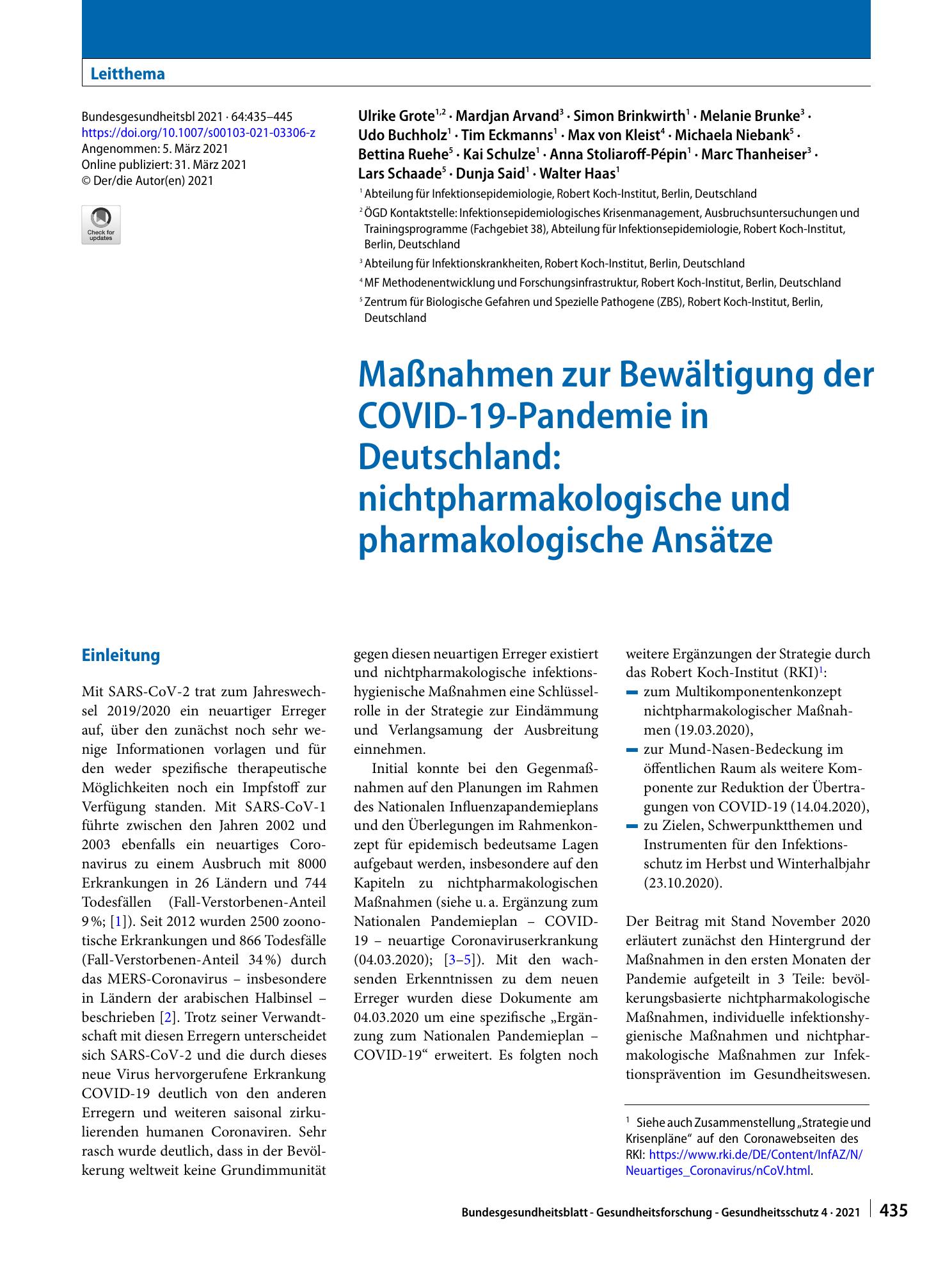 Vorschauseite 1: Maßnahmen zur Bewältigung der COVID-19-Pandemie in Deutschland: nichtpharmakologische und pharmakologische Ansätze