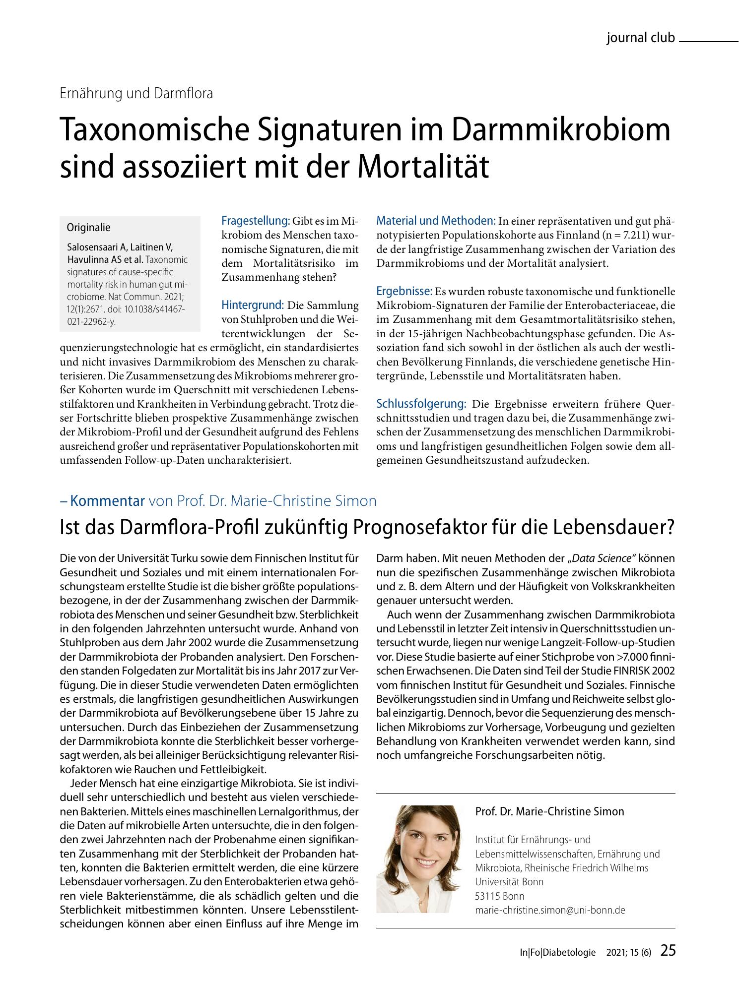 Vorschauseite 1: Taxonomische Signaturen im Darmmikrobiom sind assoziiert mit der Mortalität
