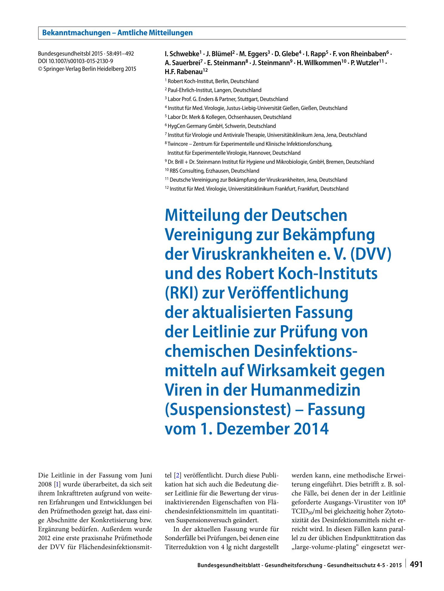 Vorschauseite 1: Mitteilung der Deutschen Vereinigung zur Bekämpfung der Viruskrankheiten e. V. (DVV) und des Robert Koch-Instituts (RKI) zur Veröffentlichung der aktualisierten Fassung der Leitli…
