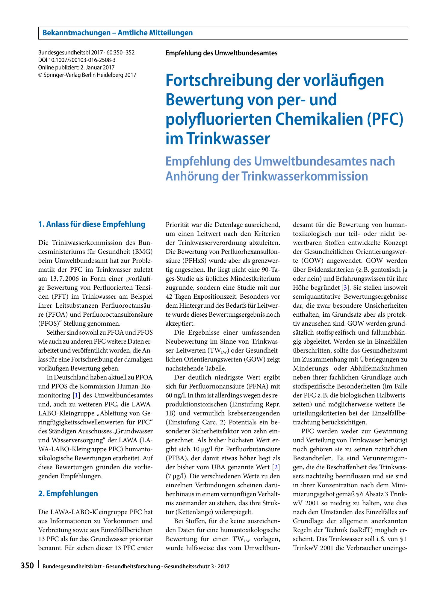 Vorschauseite 1: Fortschreibung der vorläufigen Bewertung von per- und polyfluorierten Chemikalien (PFC) im Trinkwasser