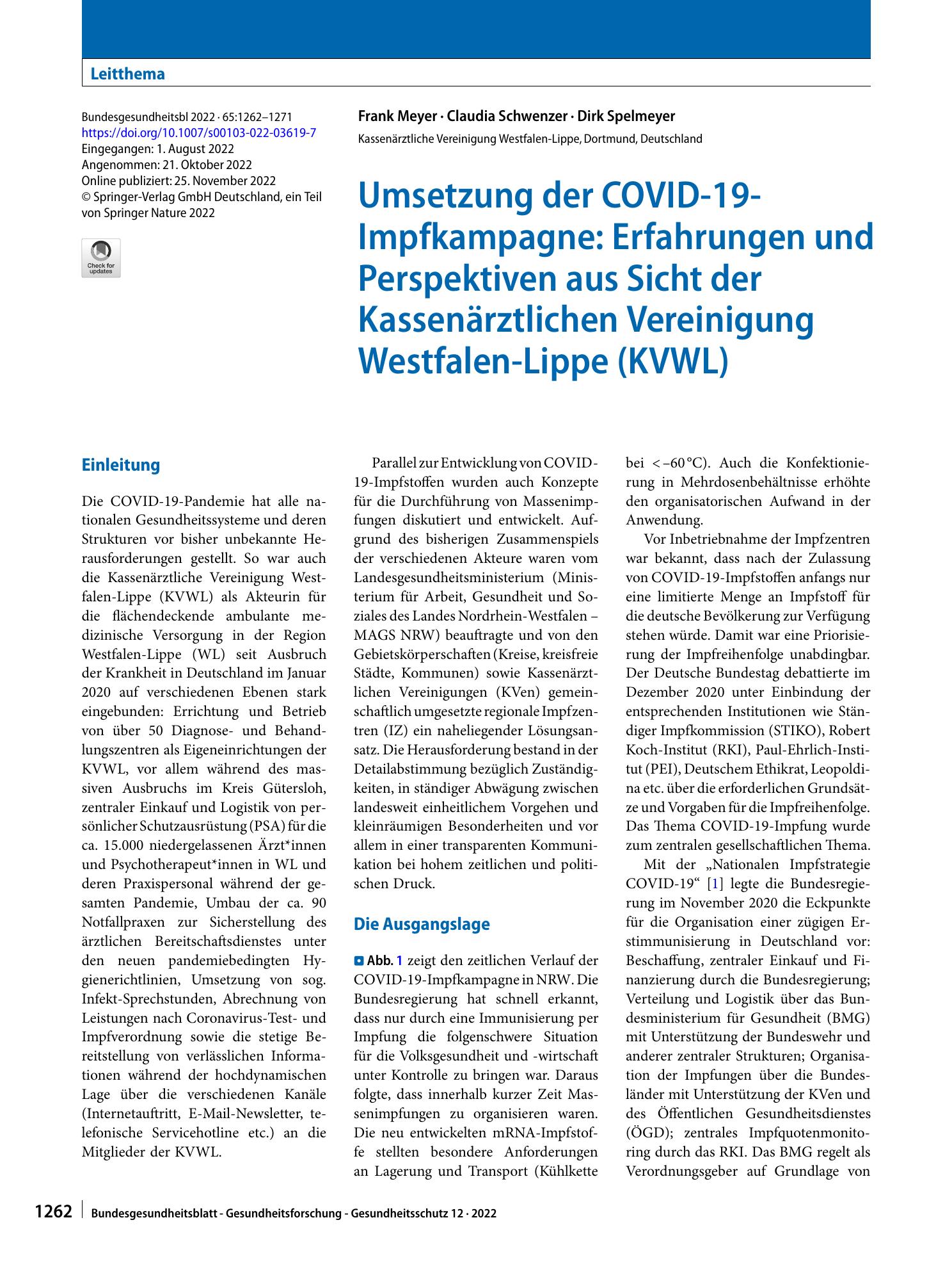 Vorschauseite 1: Umsetzung der COVID-19-Impfkampagne: Erfahrungen und Perspektiven aus Sicht der Kassenärztlichen Vereinigung Westfalen-Lippe (KVWL)