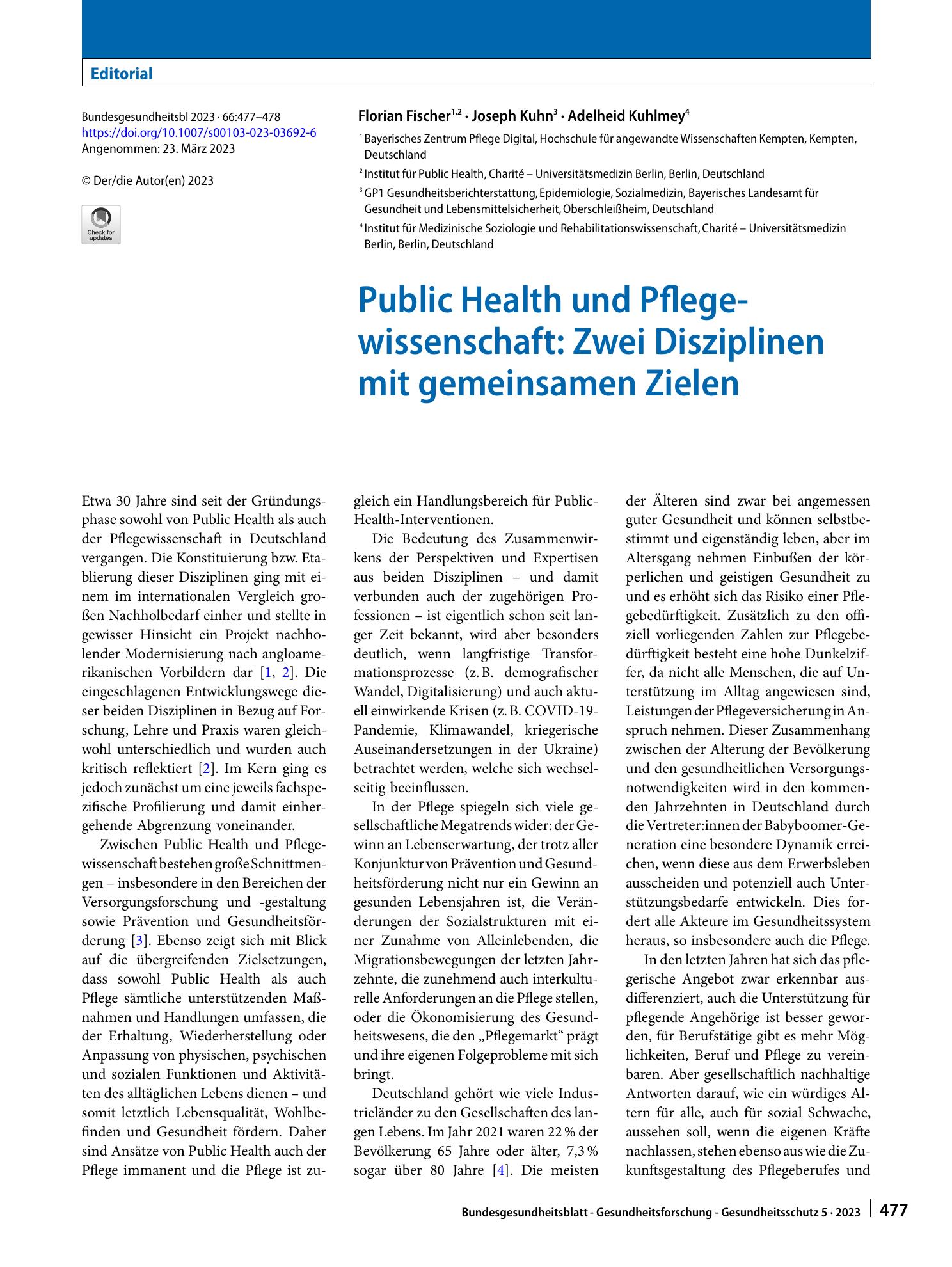 Vorschauseite 1: Public Health und Pflegewissenschaft: Zwei Disziplinen mit gemeinsamen Zielen