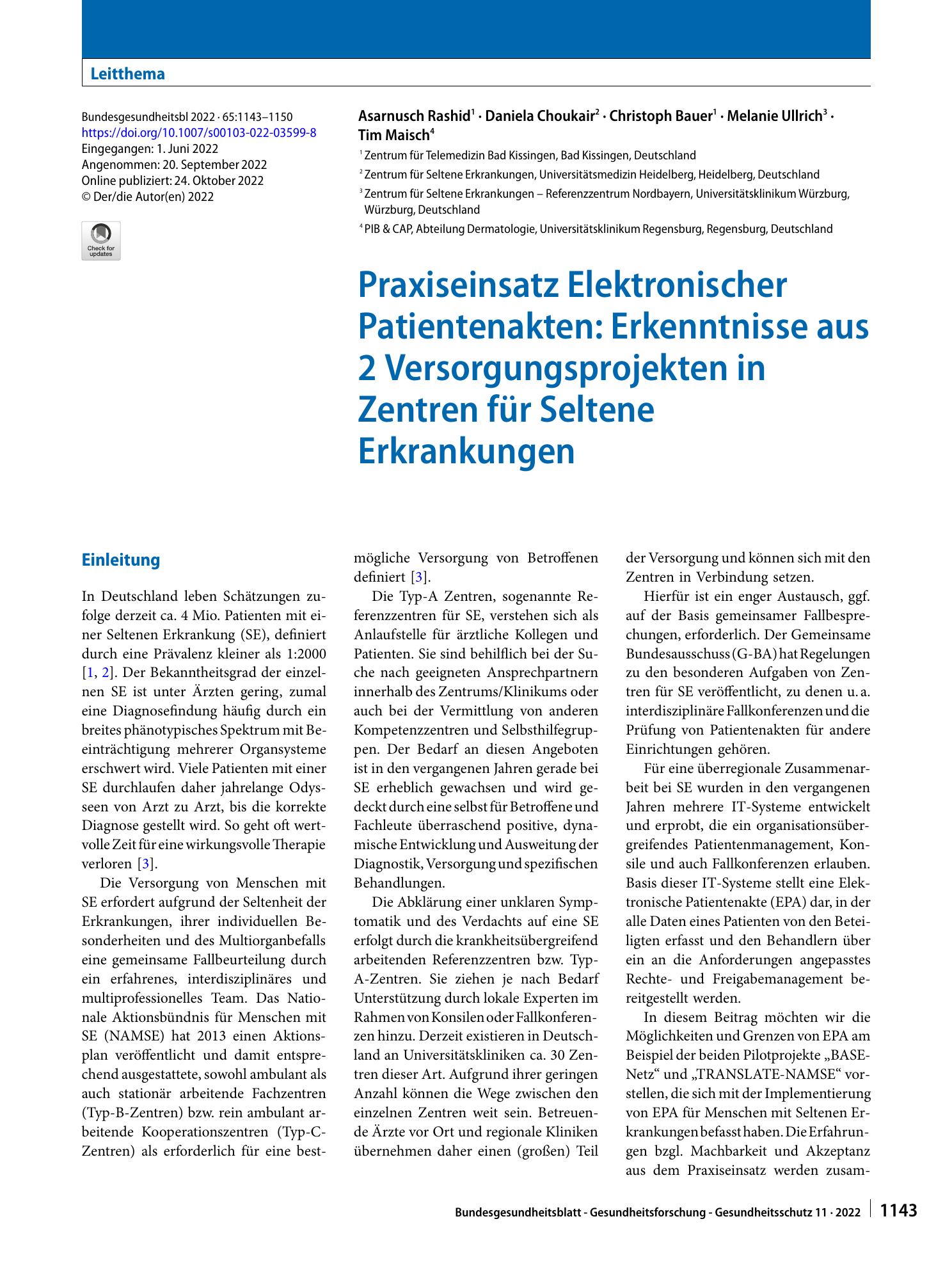 Vorschauseite 1: Praxiseinsatz Elektronischer Patientenakten: Erkenntnisse aus 2 Versorgungsprojekten in Zentren für Seltene Erkrankungen