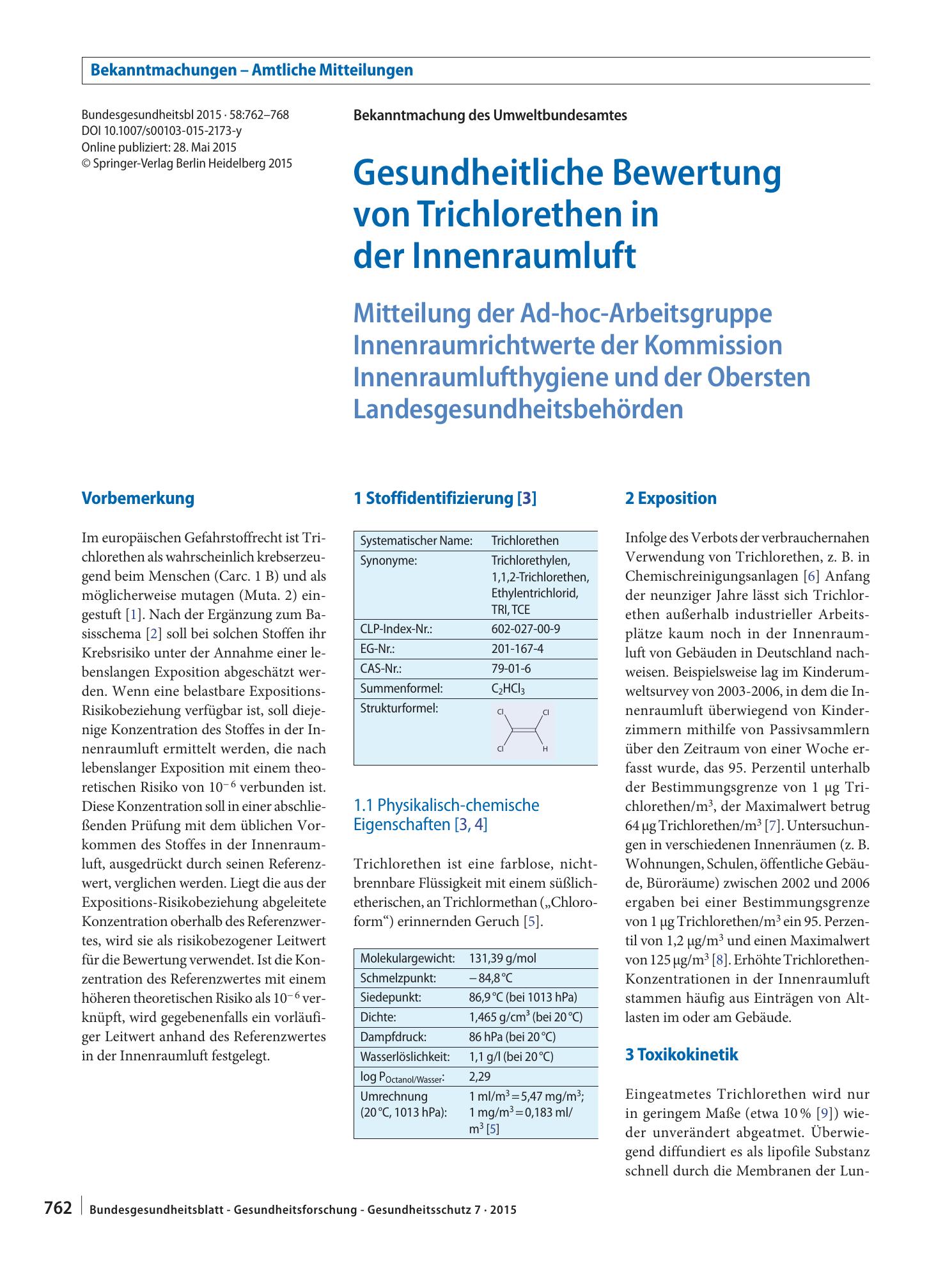 Vorschauseite 1: Gesundheitliche Bewertung von Trichlorethen in der Innenraumluft