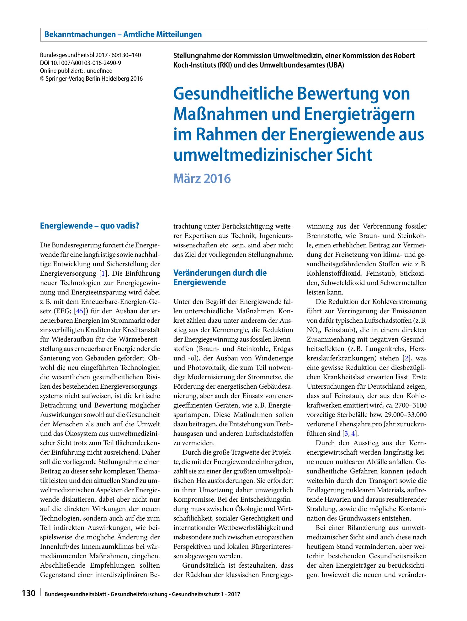 Vorschauseite 1: Gesundheitliche Bewertung von Maßnahmen und Energieträgern im Rahmen der Energiewende aus umweltmedizinischer Sicht