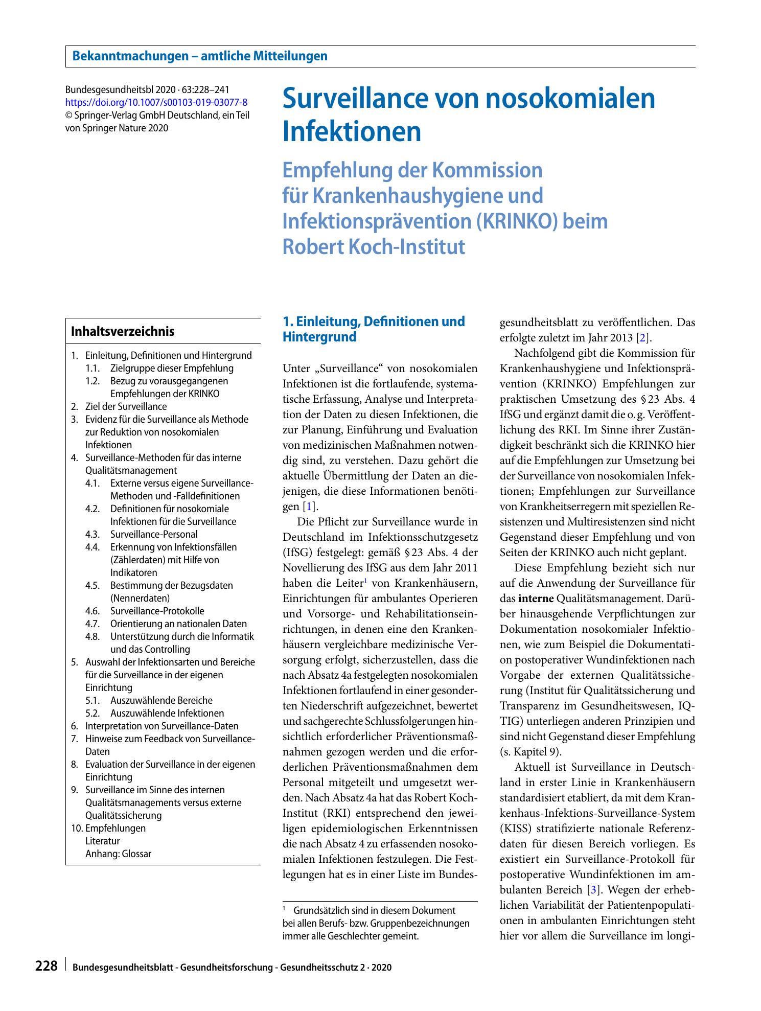 Vorschauseite 1: Surveillance von nosokomialen Infektionen