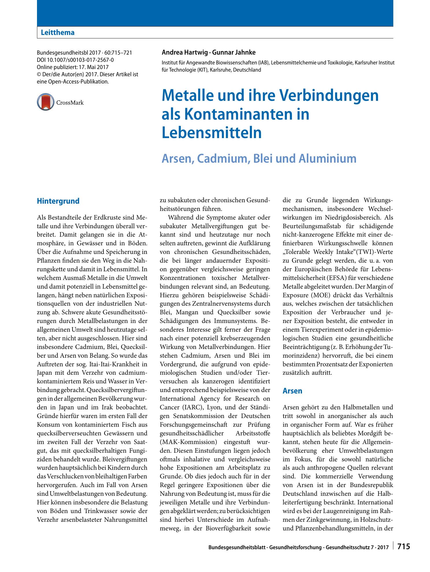 Vorschauseite 1: Metalle und ihre Verbindungen als Kontaminanten in Lebensmitteln