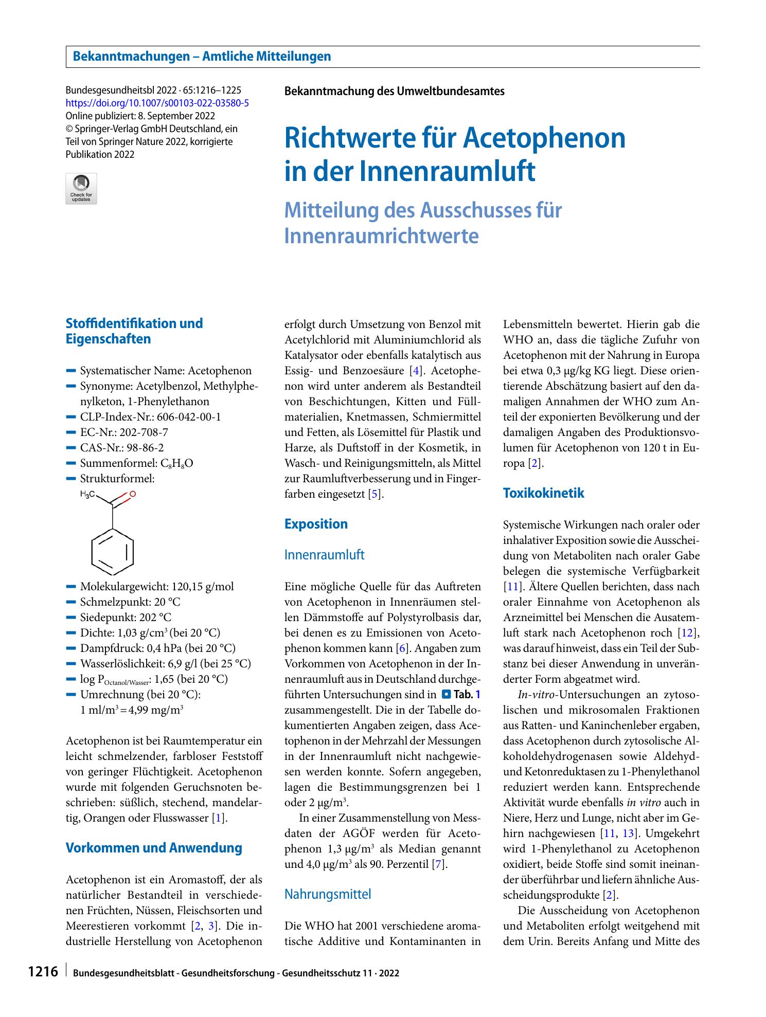 Vorschauseite 1: Richtwerte für Acetophenon in der Innenraumluft