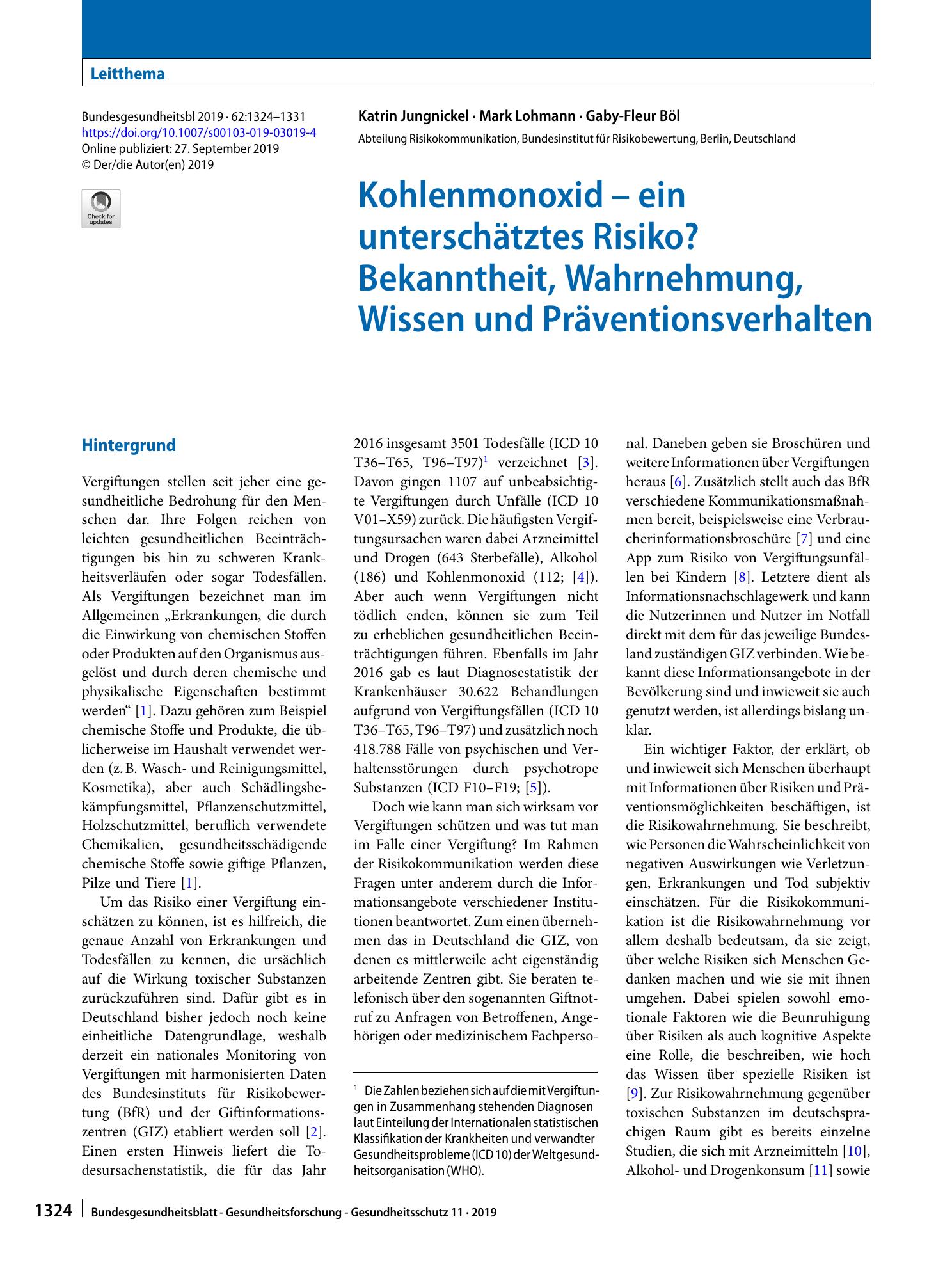 Vorschauseite 1: Kohlenmonoxid – ein unterschätztes Risiko? Bekanntheit, Wahrnehmung, Wissen und Präventionsverhalten
