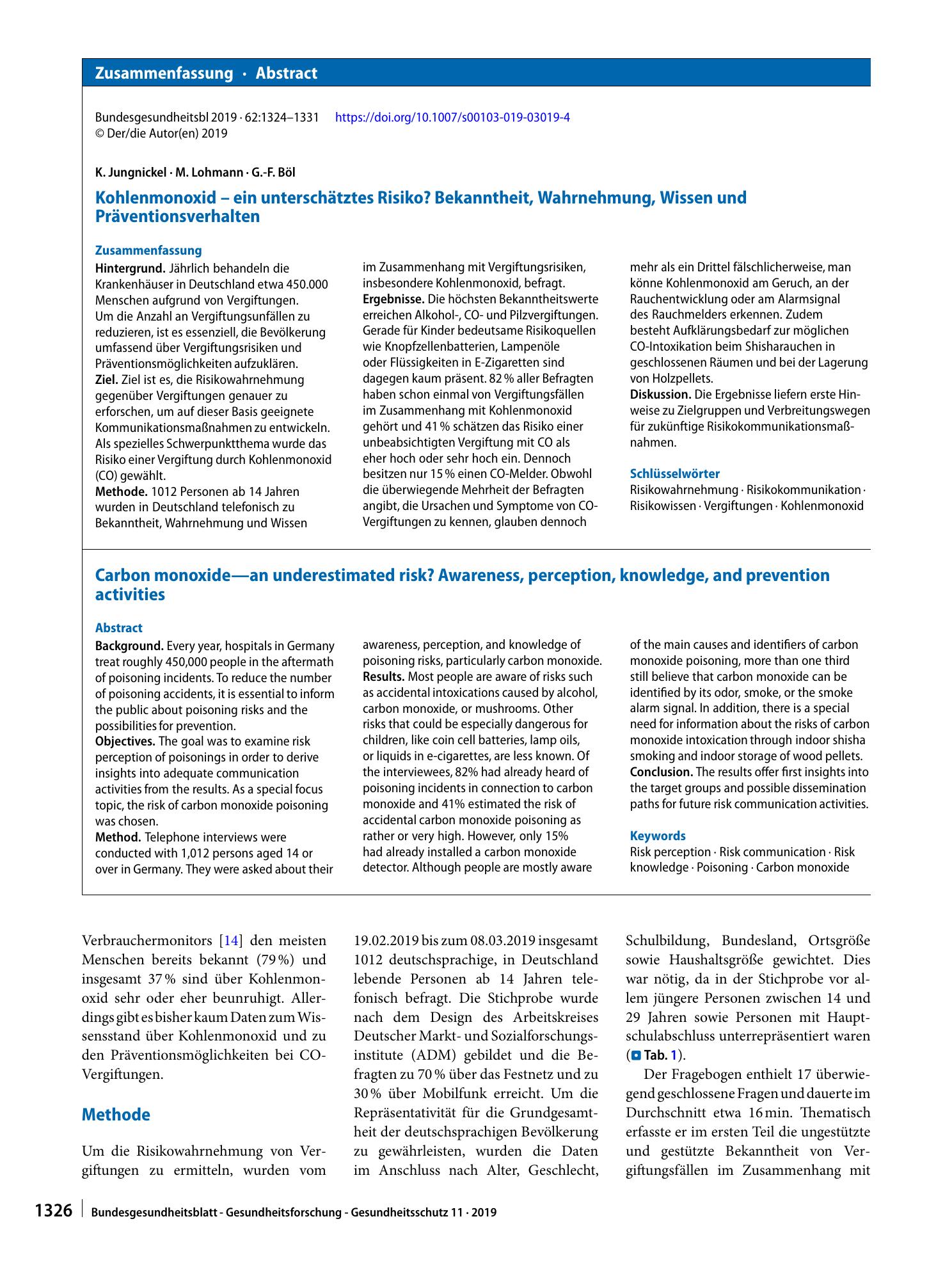 Vorschauseite 3: Kohlenmonoxid – ein unterschätztes Risiko? Bekanntheit, Wahrnehmung, Wissen und Präventionsverhalten