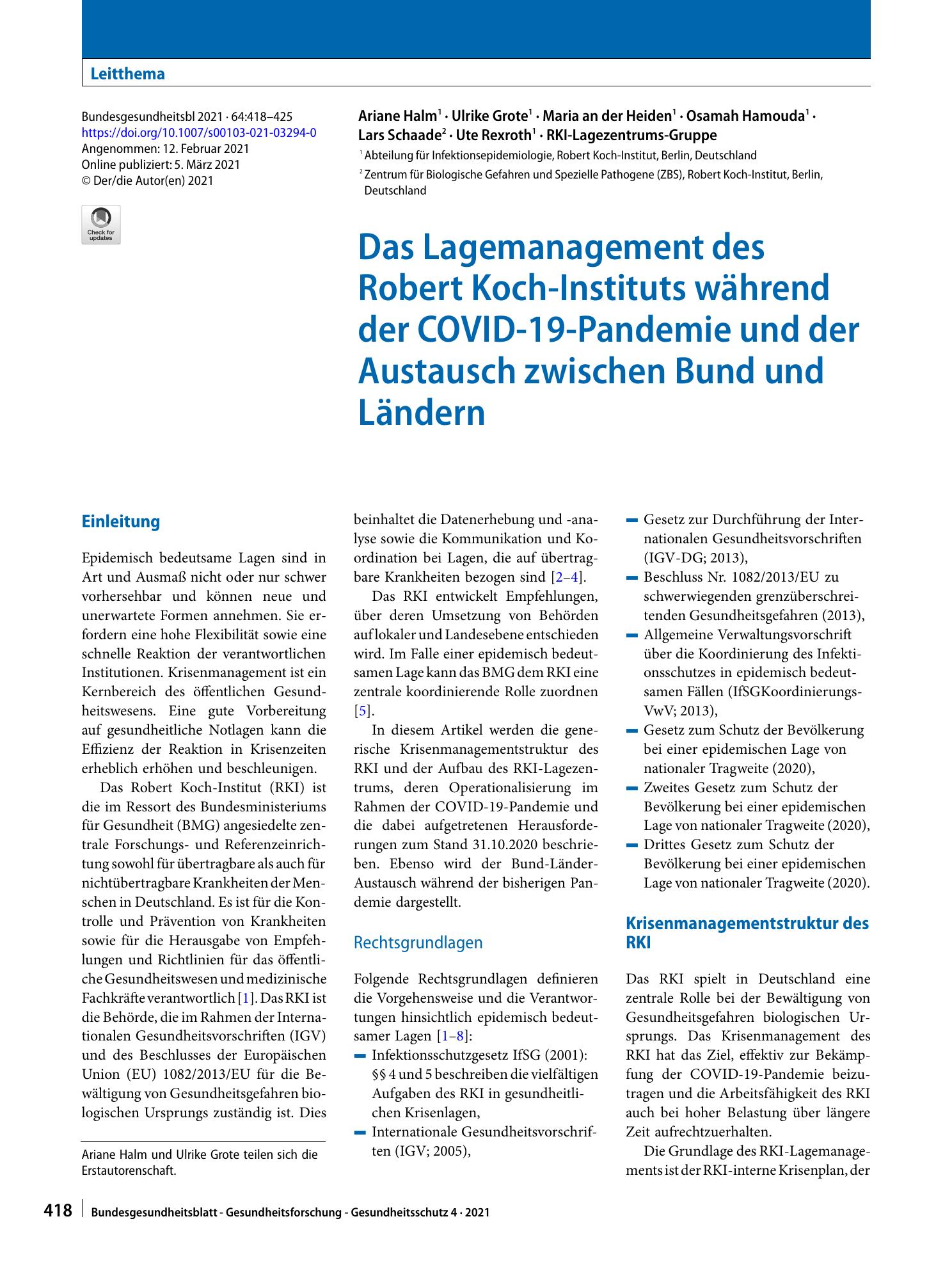 Vorschauseite 1: Das Lagemanagement des Robert Koch-Instituts während der COVID-19-Pandemie und der Austausch zwischen Bund und Ländern