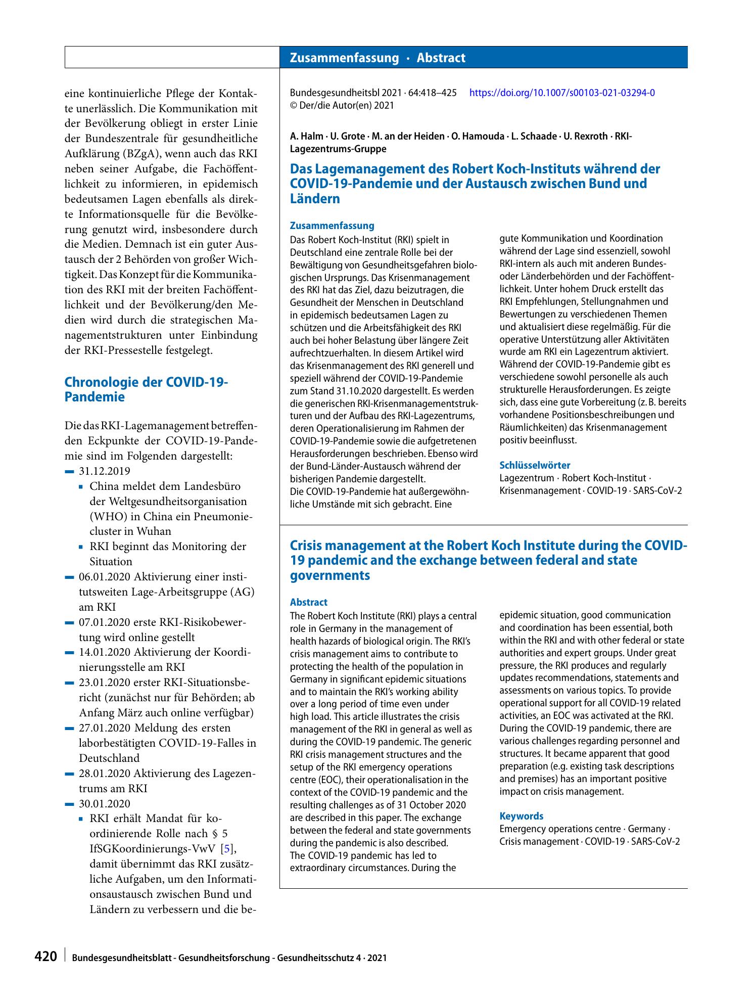 Vorschauseite 3: Das Lagemanagement des Robert Koch-Instituts während der COVID-19-Pandemie und der Austausch zwischen Bund und Ländern
