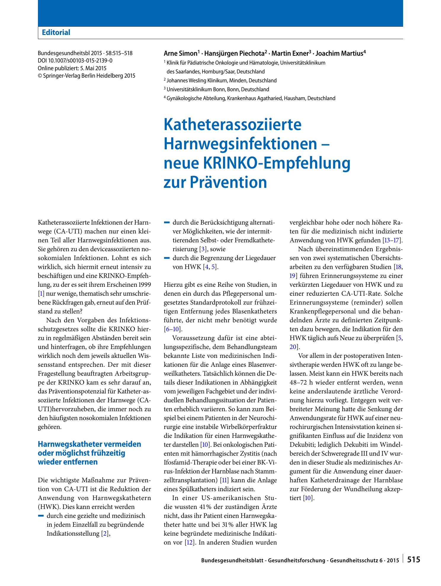 Vorschauseite 1: Katheterassoziierte Harnwegsinfektionen – neue KRINKO-Empfehlung zur Prävention