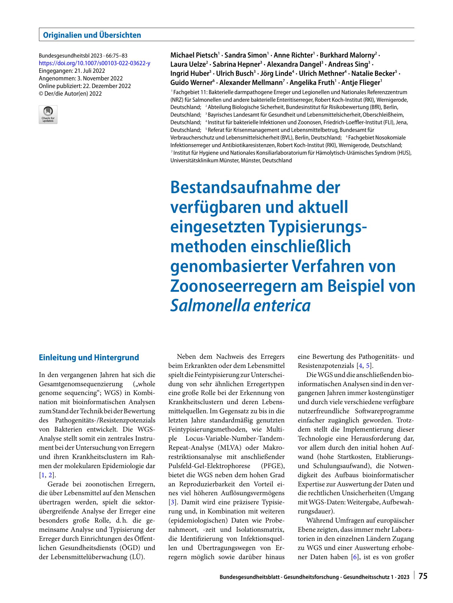 Vorschauseite 1: Bestandsaufnahme der verfügbaren und aktuell eingesetzten Typisierungsmethoden einschließlich genombasierter Verfahren von Zoonoseerregern am Beispiel von Salmonella enterica